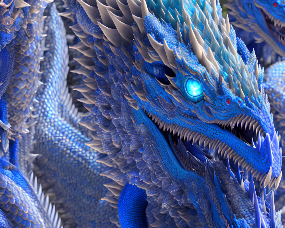 Detailed 3D Render: Blue Dragon with Sharp Scales & Multiple Dragon Heads