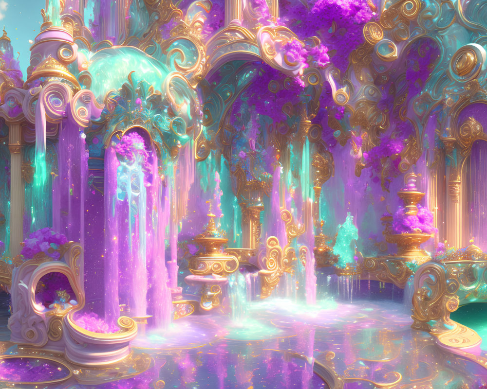 Surreal palace with golden and purple architecture, waterfalls, and glowing light