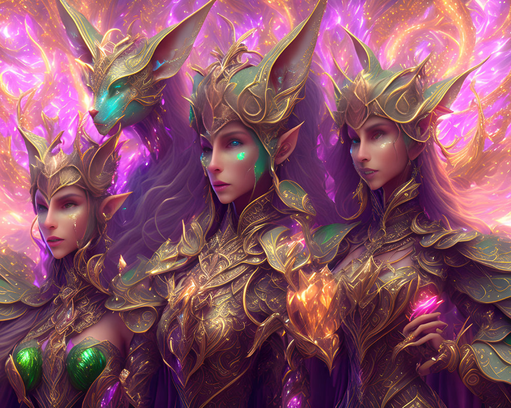 Three mystical female figures in ornate golden armor and headdresses, enveloped in swirling pink and purple