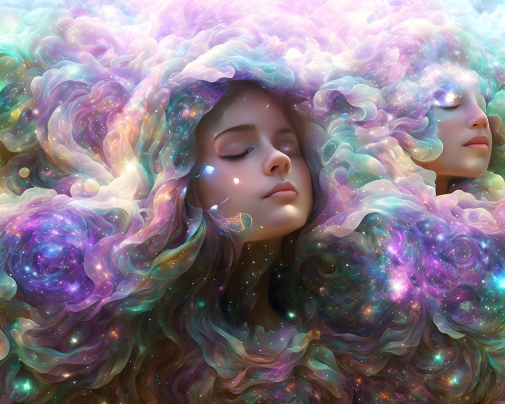 Ethereal figures in serene cosmos-inspired dreamscape