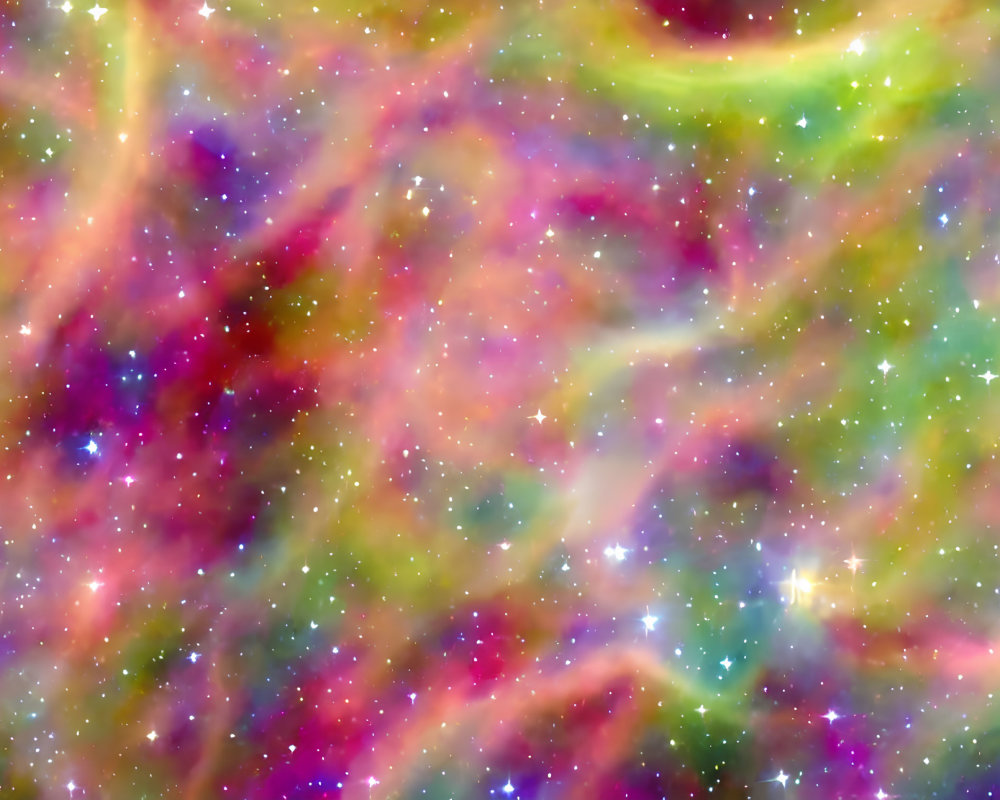 Colorful cosmic image with pink, purple, and green hues and sparkling stars.