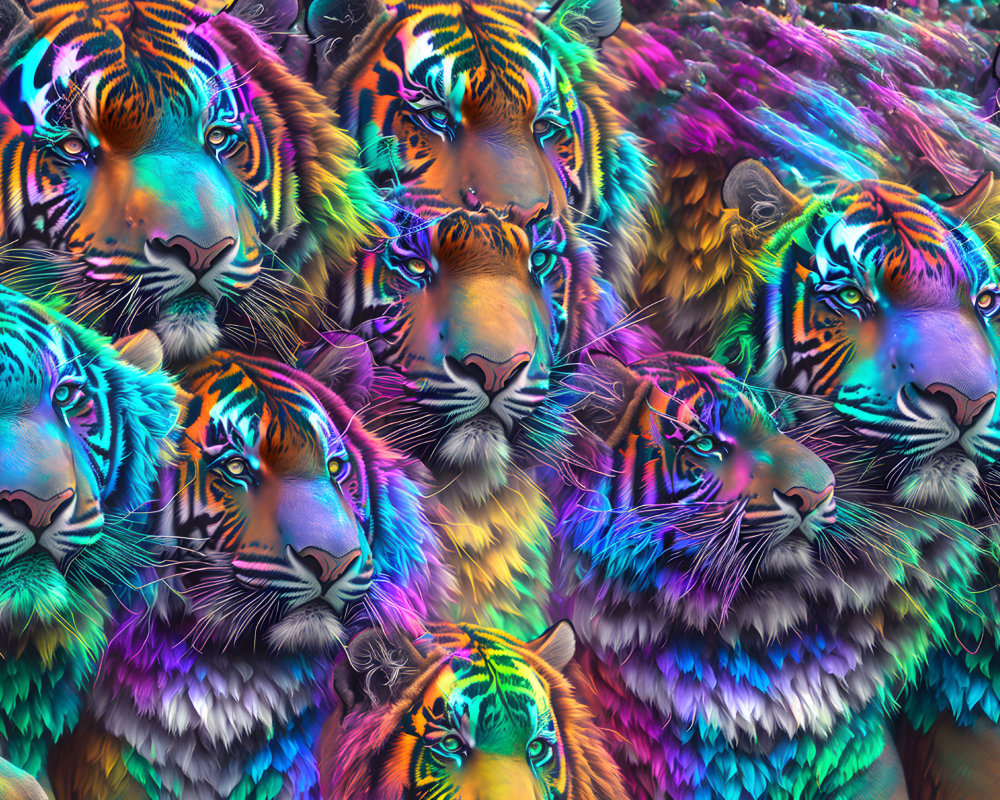 Colorful Psychedelic Tiger Face Artwork with Rainbow Iridescent Effect