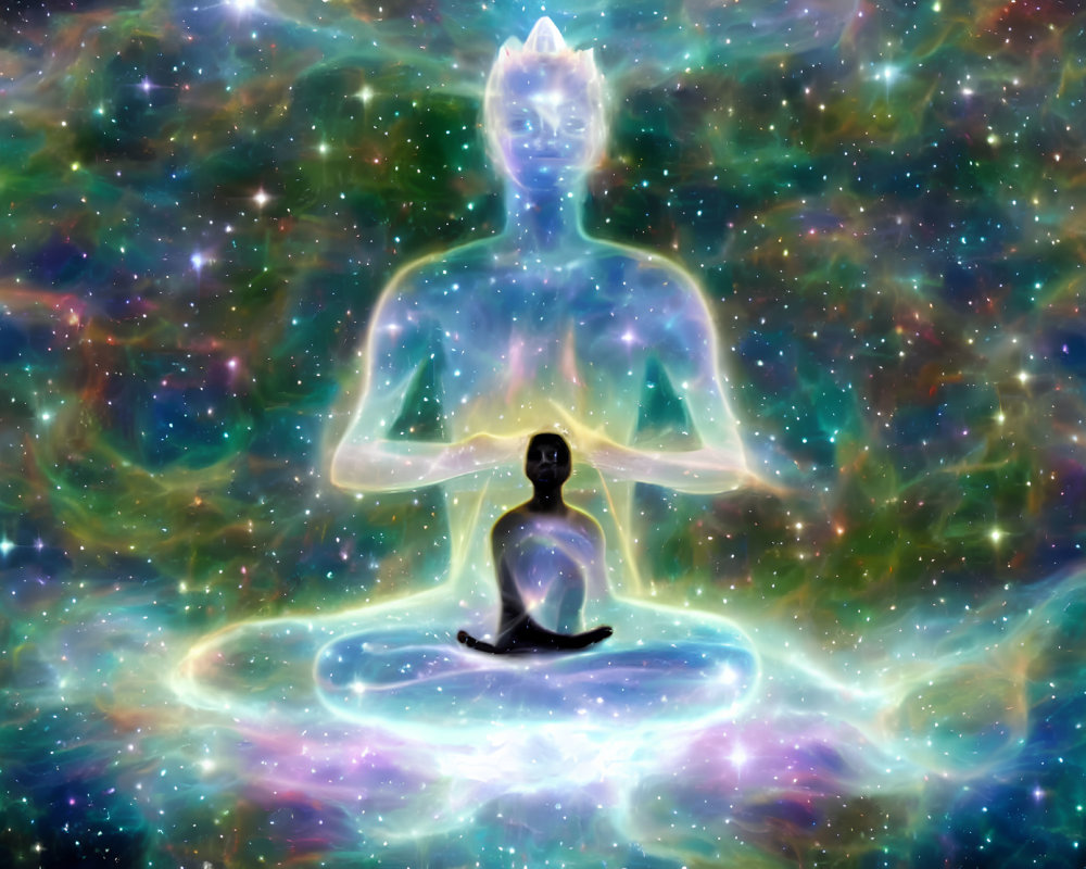 Digital Artwork: Person Meditating Surrounded by Glowing Rings