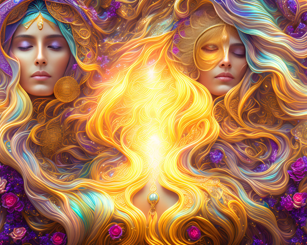 Ethereal women with ornate headdresses intertwine around glowing flame motif