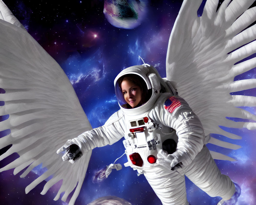 Astronaut with angel wings in space with Earth and galaxies symbolizing exploration and divinity