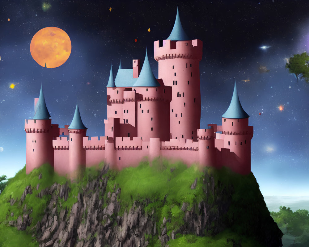 Pink castle on lush hill under night sky with moon & galaxies