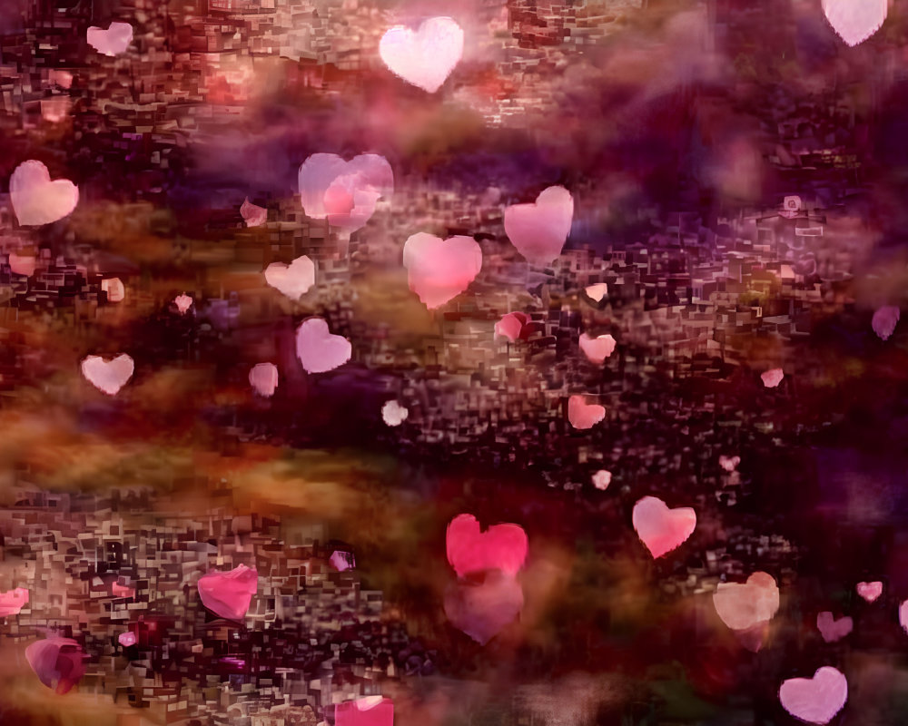 Warm-colored abstract blur with translucent pink and red hearts, evoking a romantic ambiance.