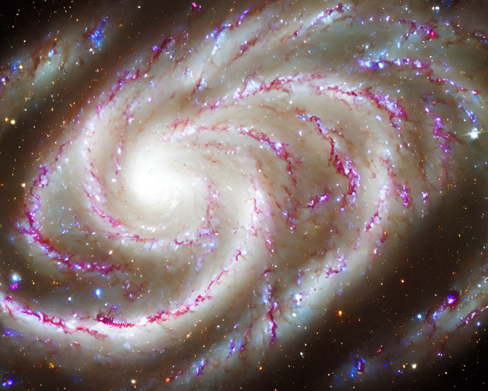 Spiral Galaxy with Pink Star-Forming Regions and Blue Star Clusters