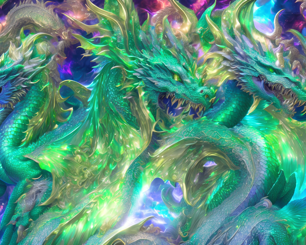 Vibrant digital art of intertwined emerald dragons in cosmic setting