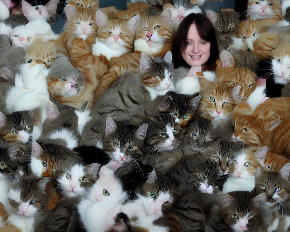 Smiling woman's face surrounded by colorful cats.