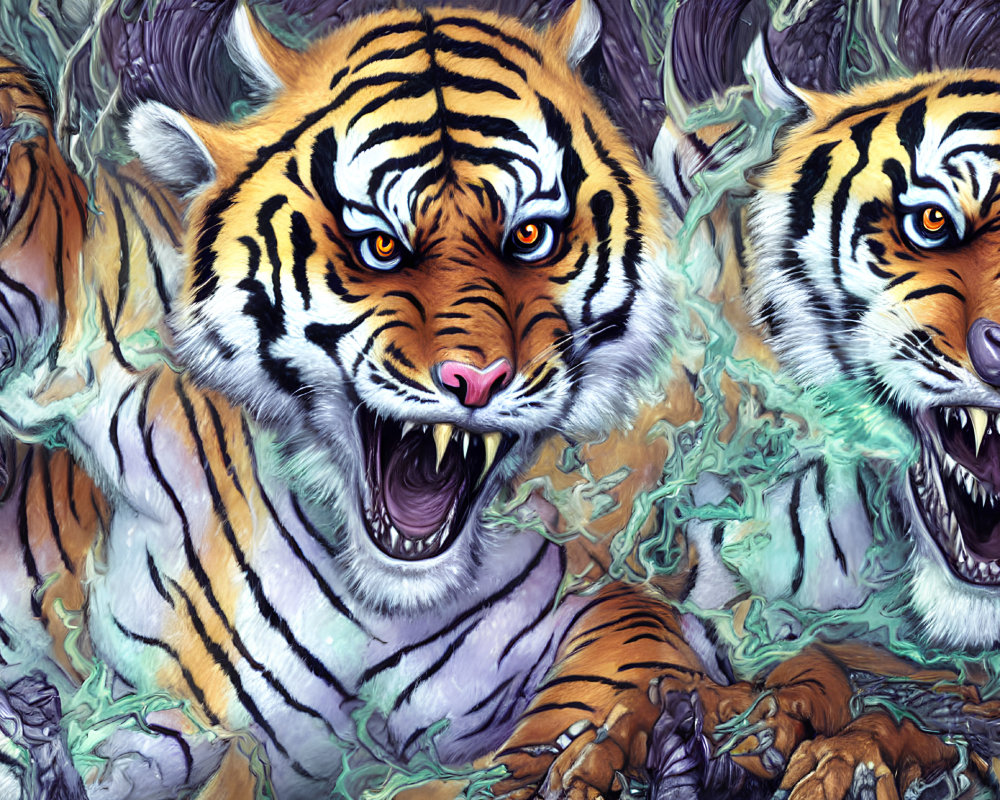 Abstract artwork of two fierce tigers in vibrant colors