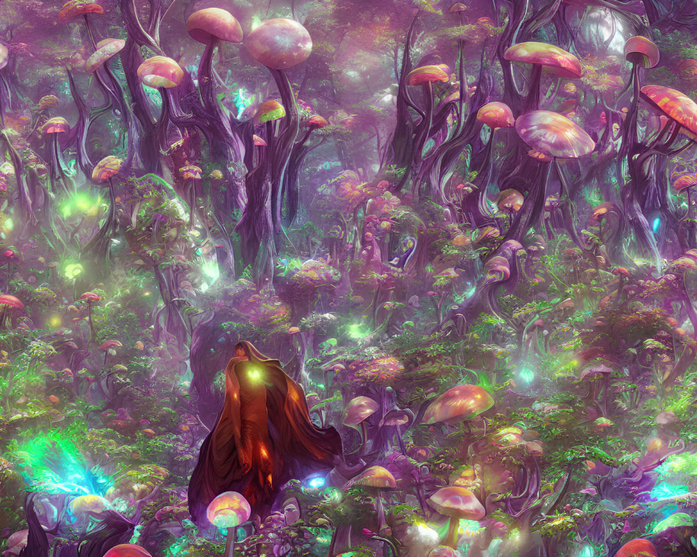 Vibrant oversized mushrooms in mystical forest scenery