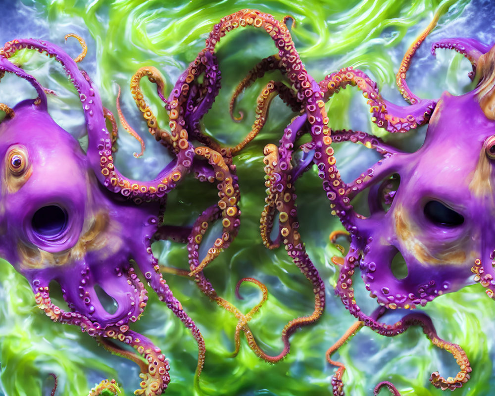 Purple Octopuses with Swirling Tentacles on Marbled Background