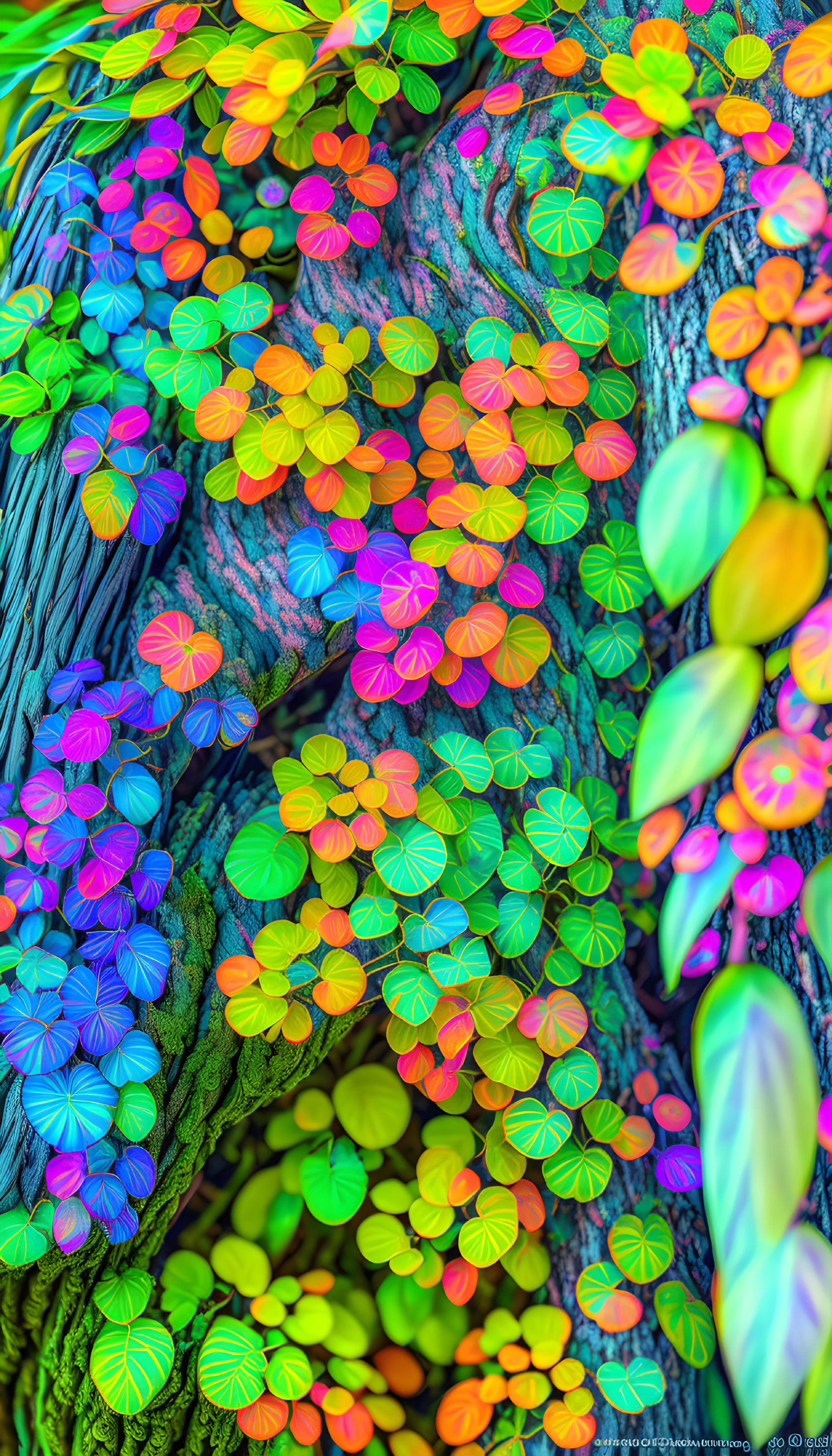 Colorful digital artwork: Textured tree with vibrant neon foliage