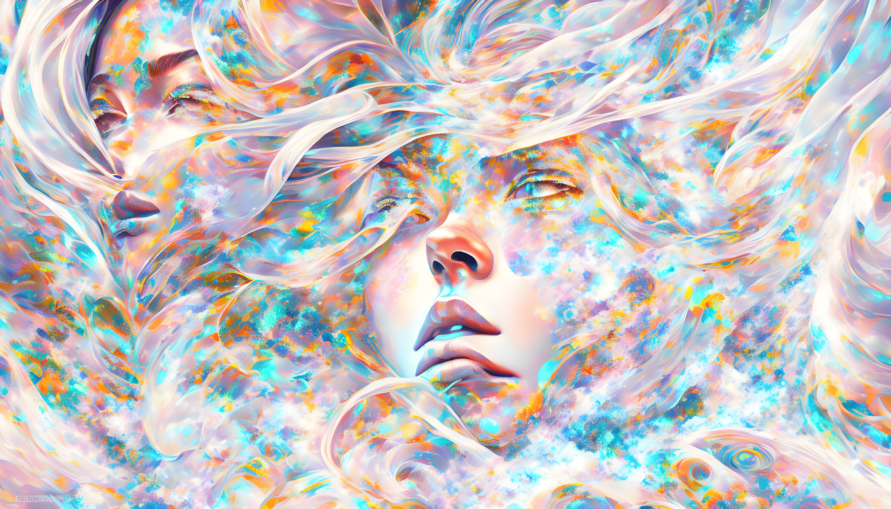 Colorful digital artwork: Faces merging with cosmic patterns in pastel hues