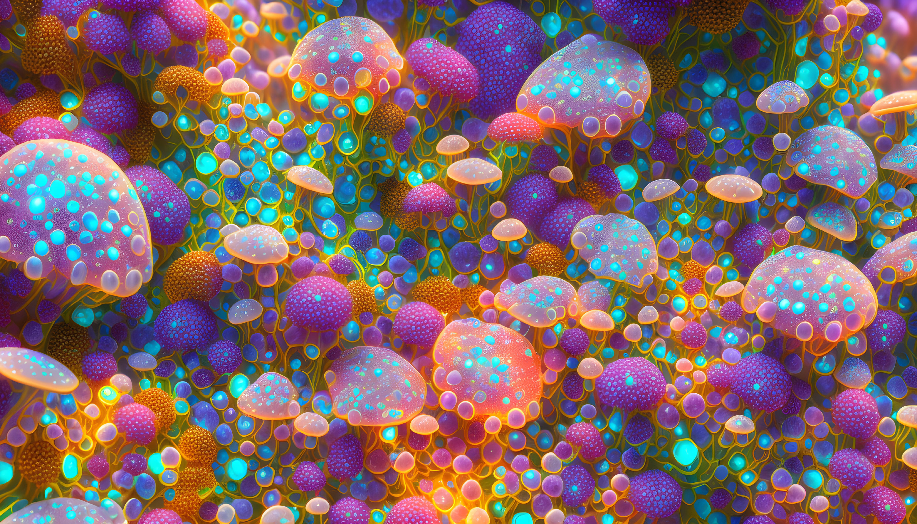 Vibrant surreal landscape with mushroom-like structures and iridescent spots