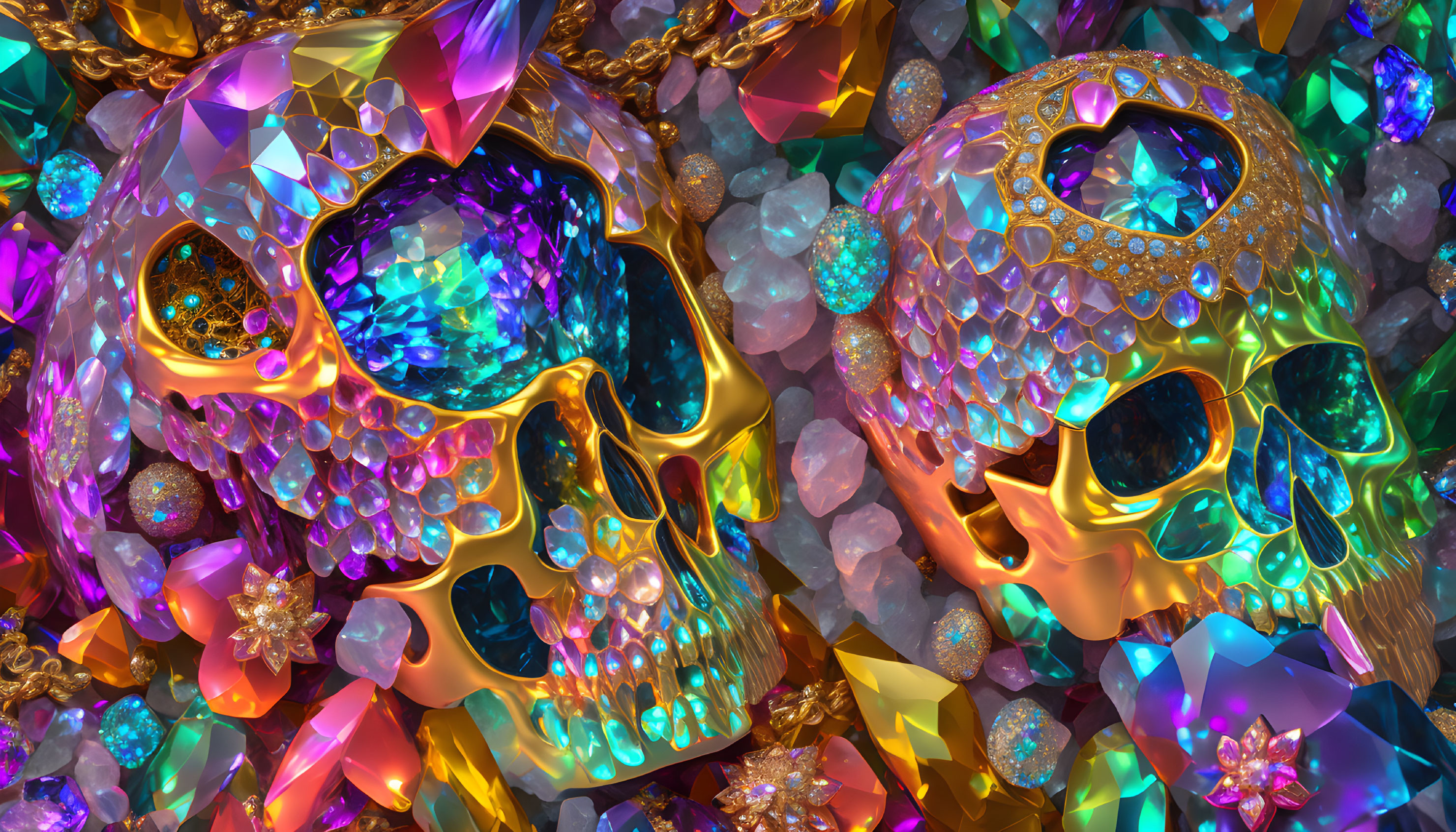 Ornate crystal skulls with colorful gemstones and gold detailing