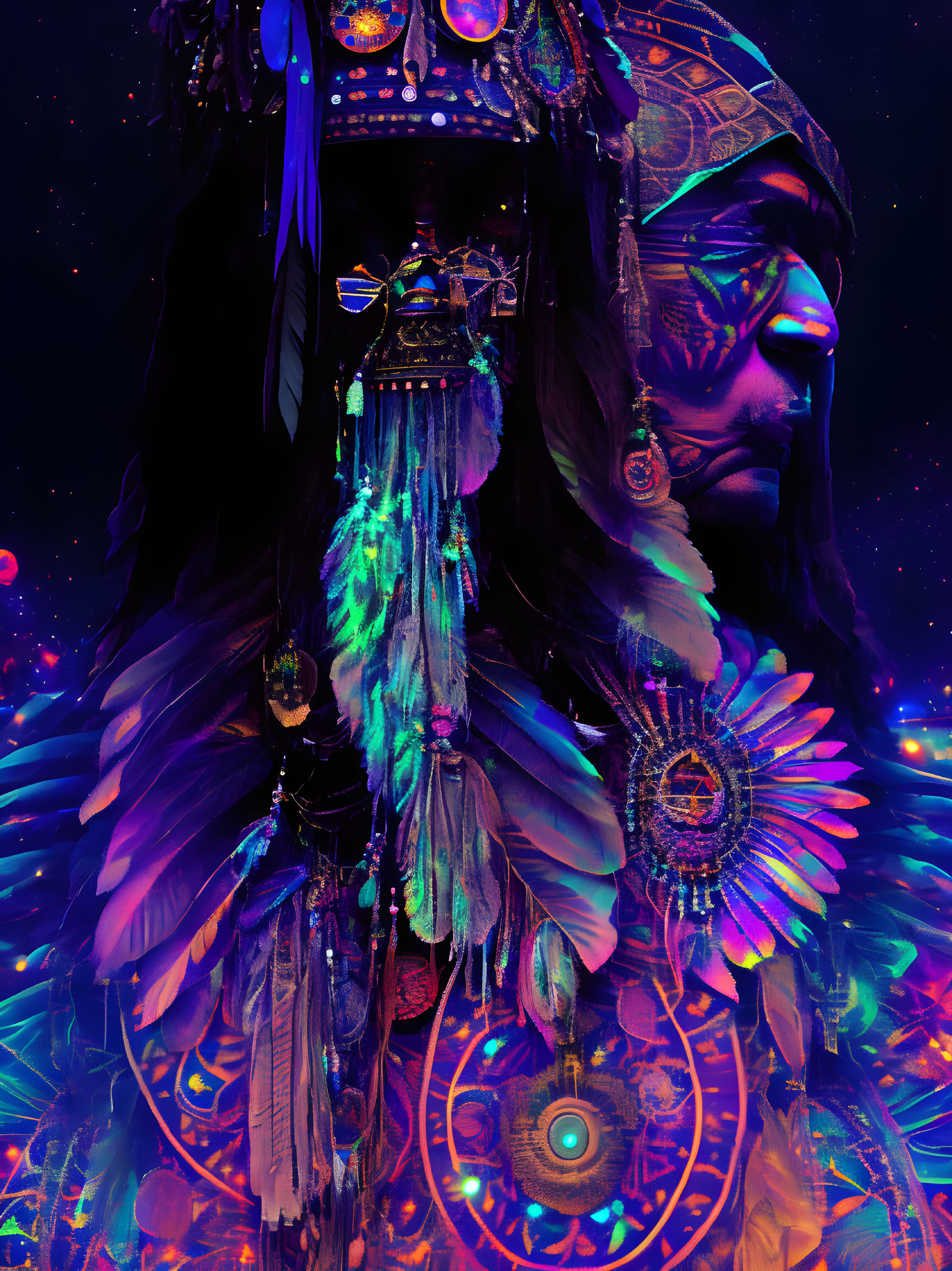 Colorful Psychedelic Image: Native American Figure in Cosmic Setting