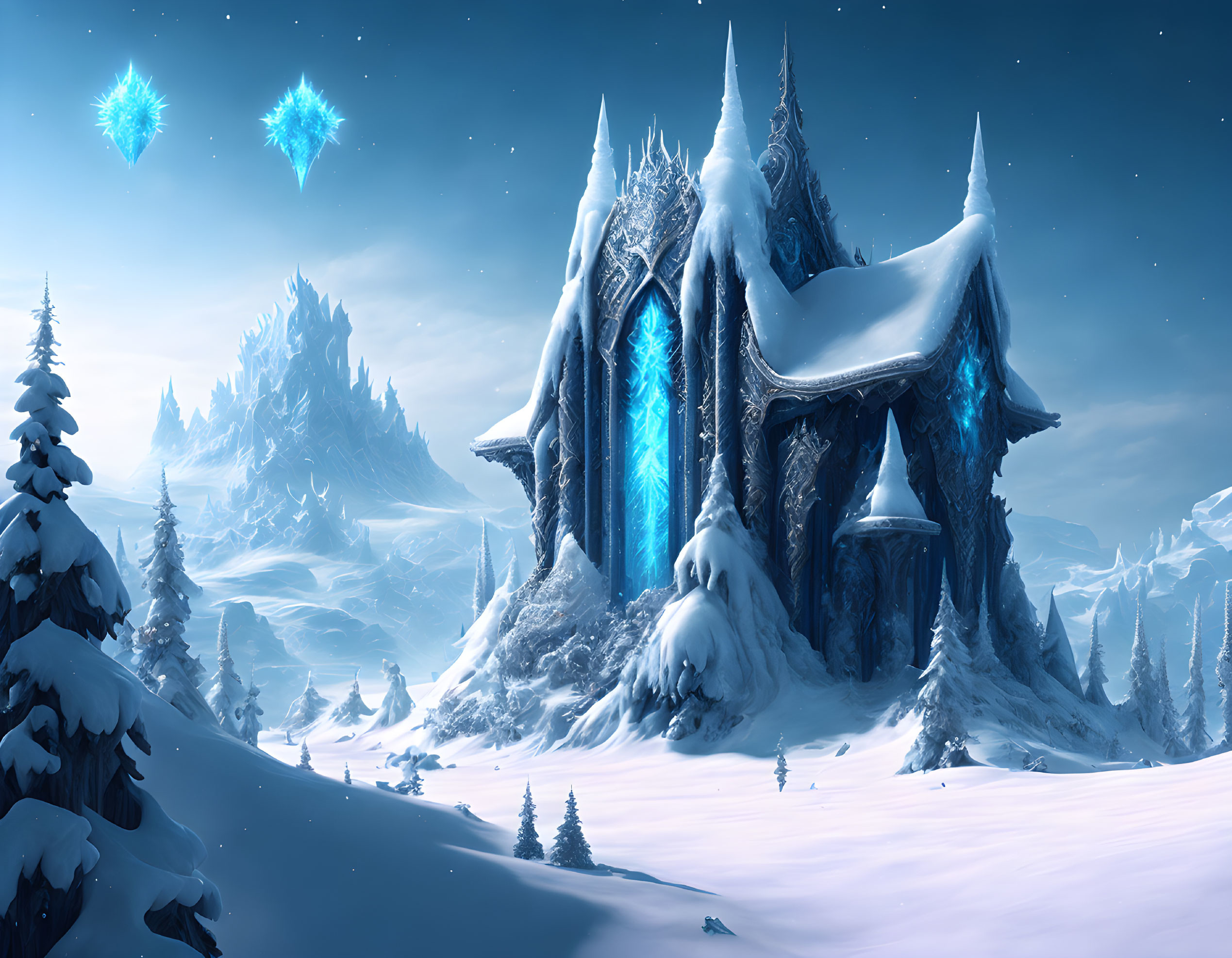 Enchanting ice castle in snowy winter wonderland