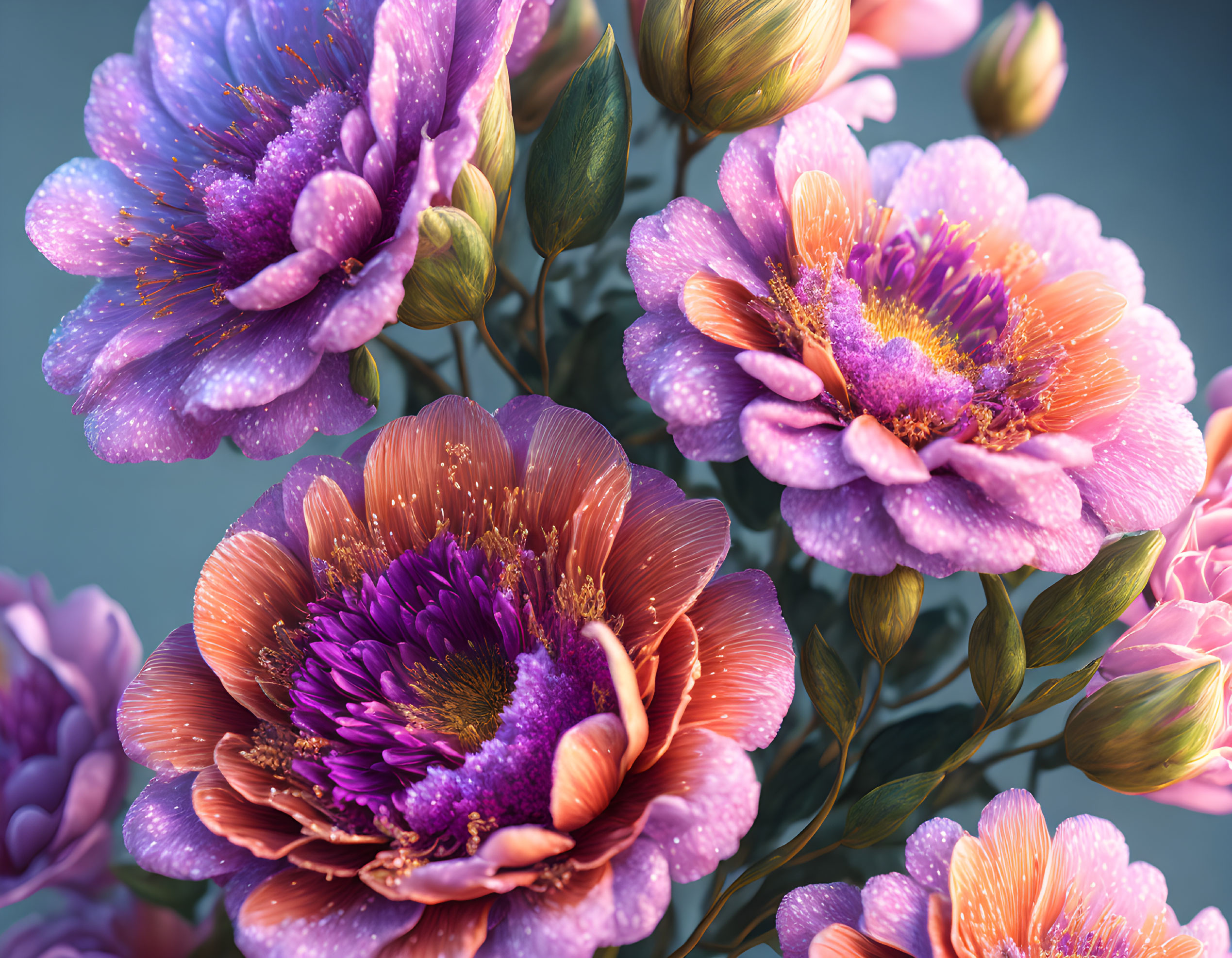 Detailed Close-Up of Vibrant Purple Flowers with Dewdrops