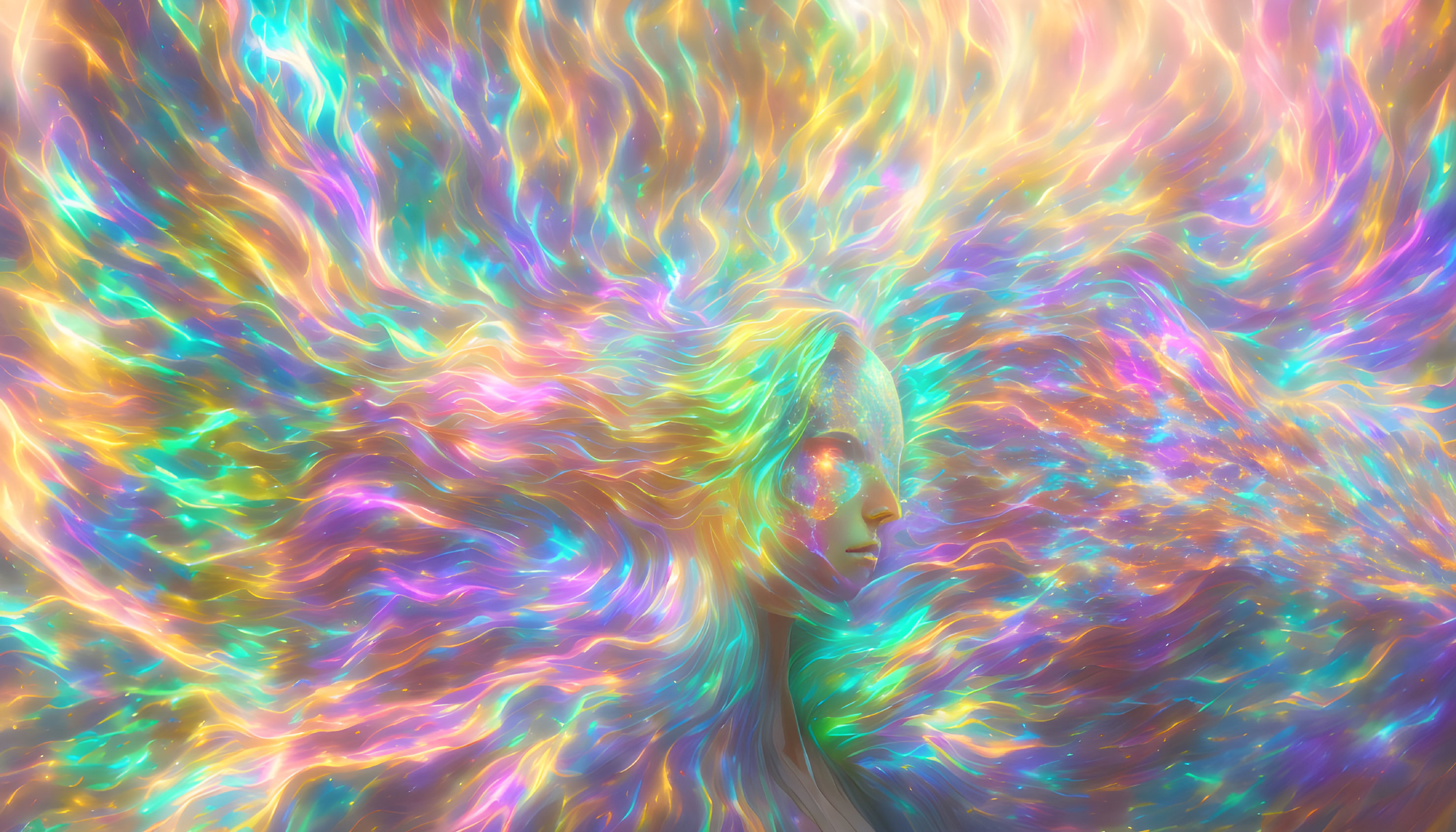 Surreal portrait of a woman with vibrant iridescent light pattern