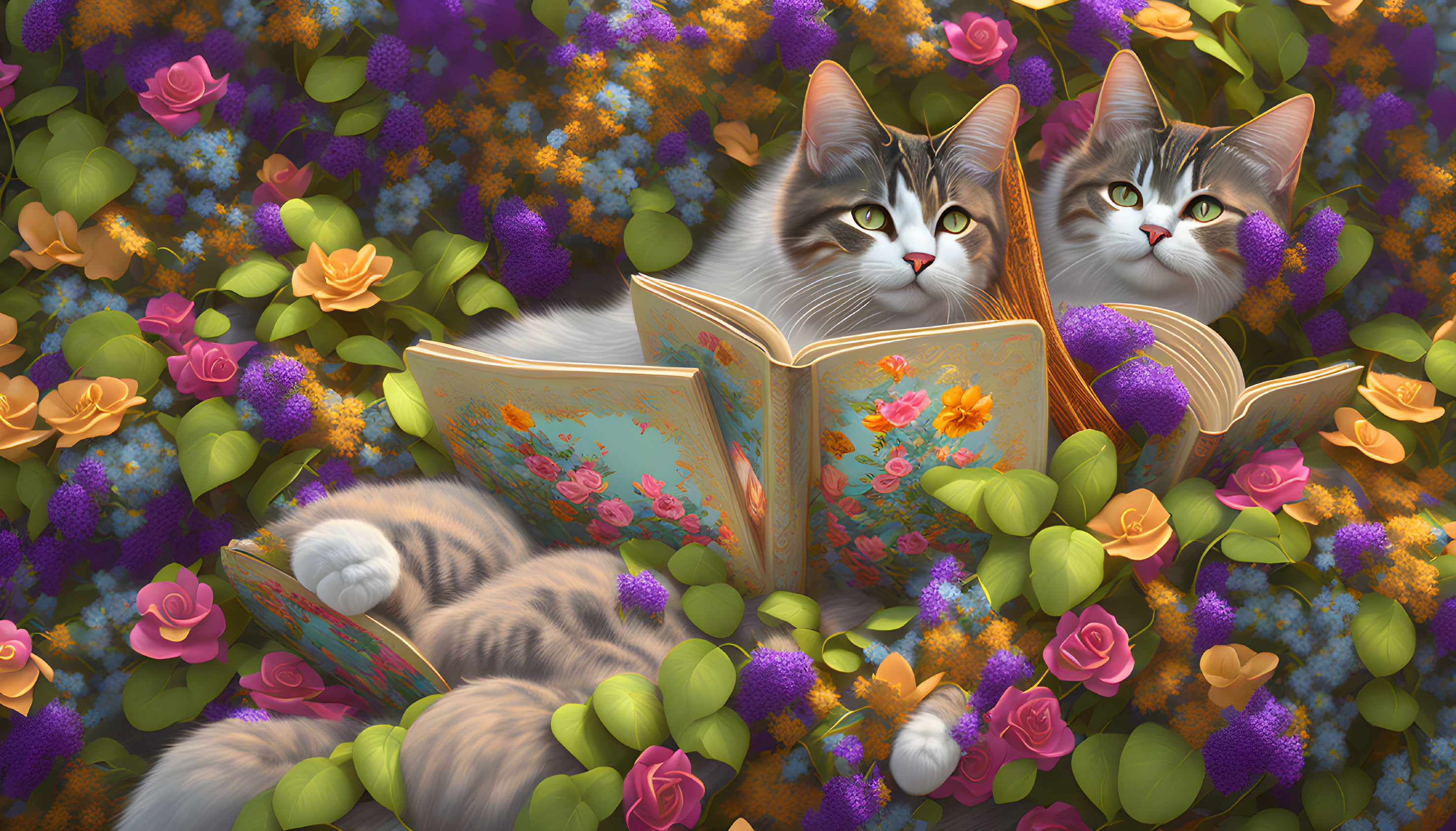 Two Cats with Green Eyes Reading Book Among Colorful Flowers