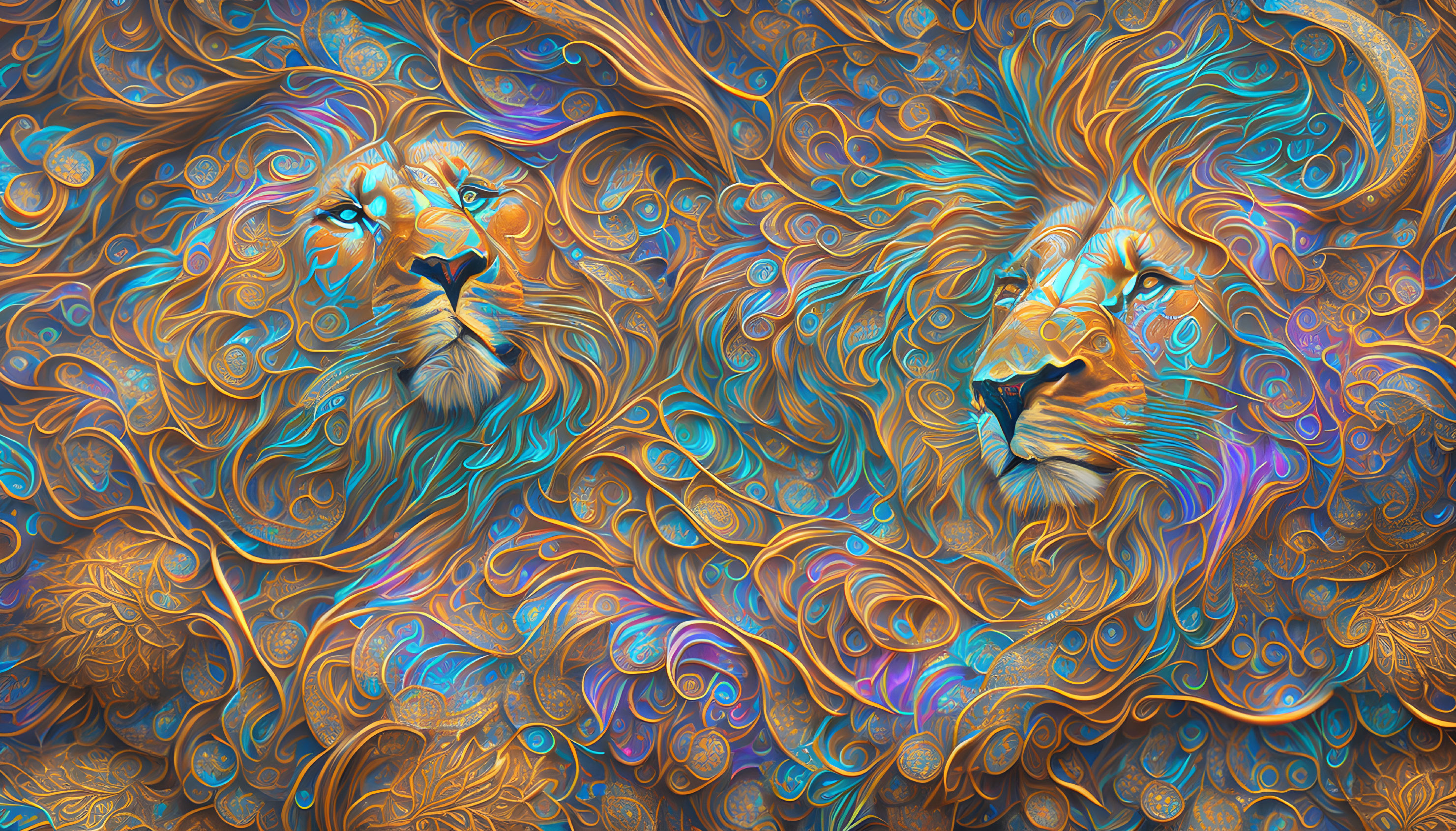 Vibrant Artistic Rendering of Two Lions with Swirling Pattern Manes