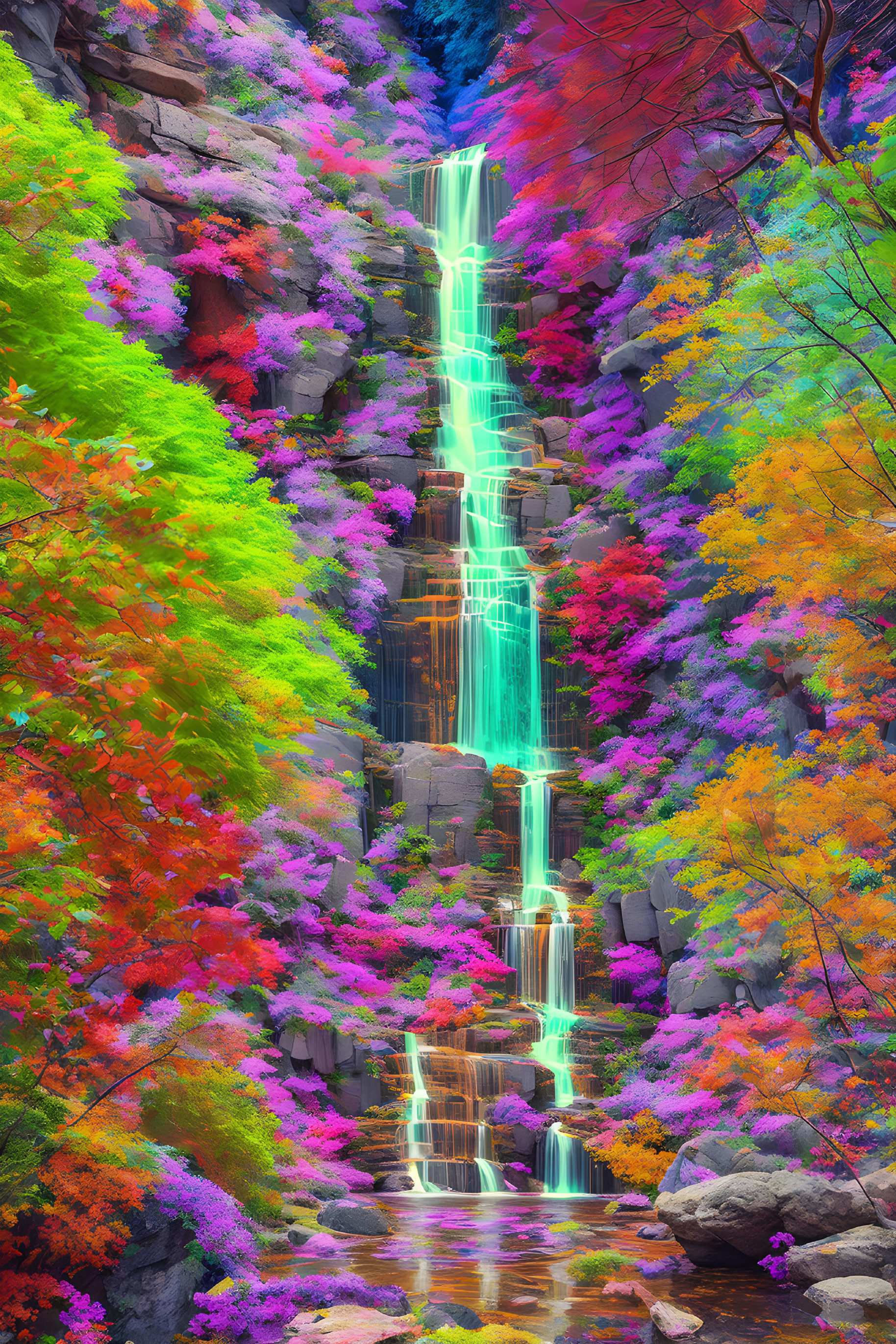 Colorful autumn forest with vibrant digitally-enhanced waterfall