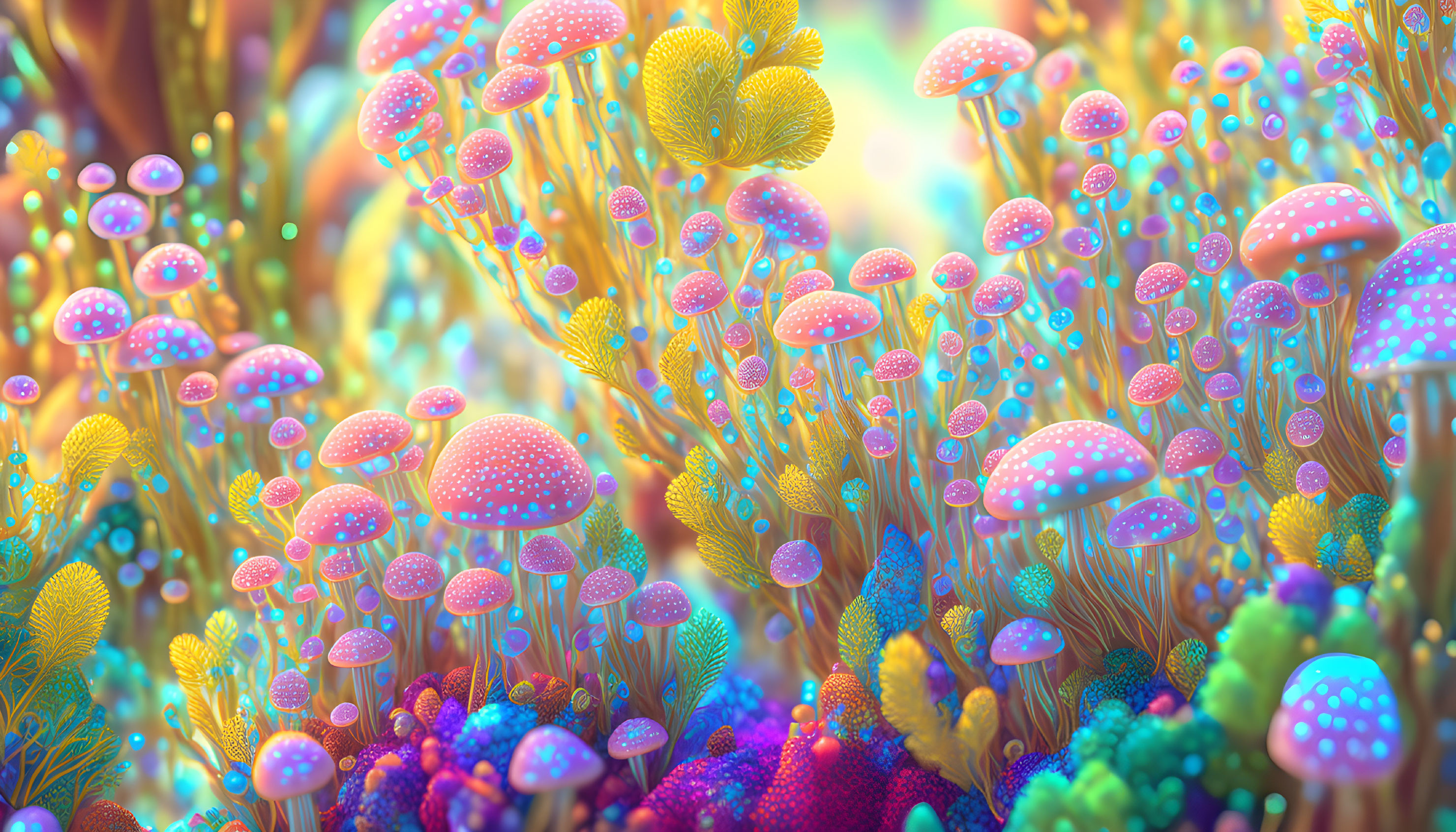 Colorful Fantasy Mushrooms and Plant Life in Magical Forest