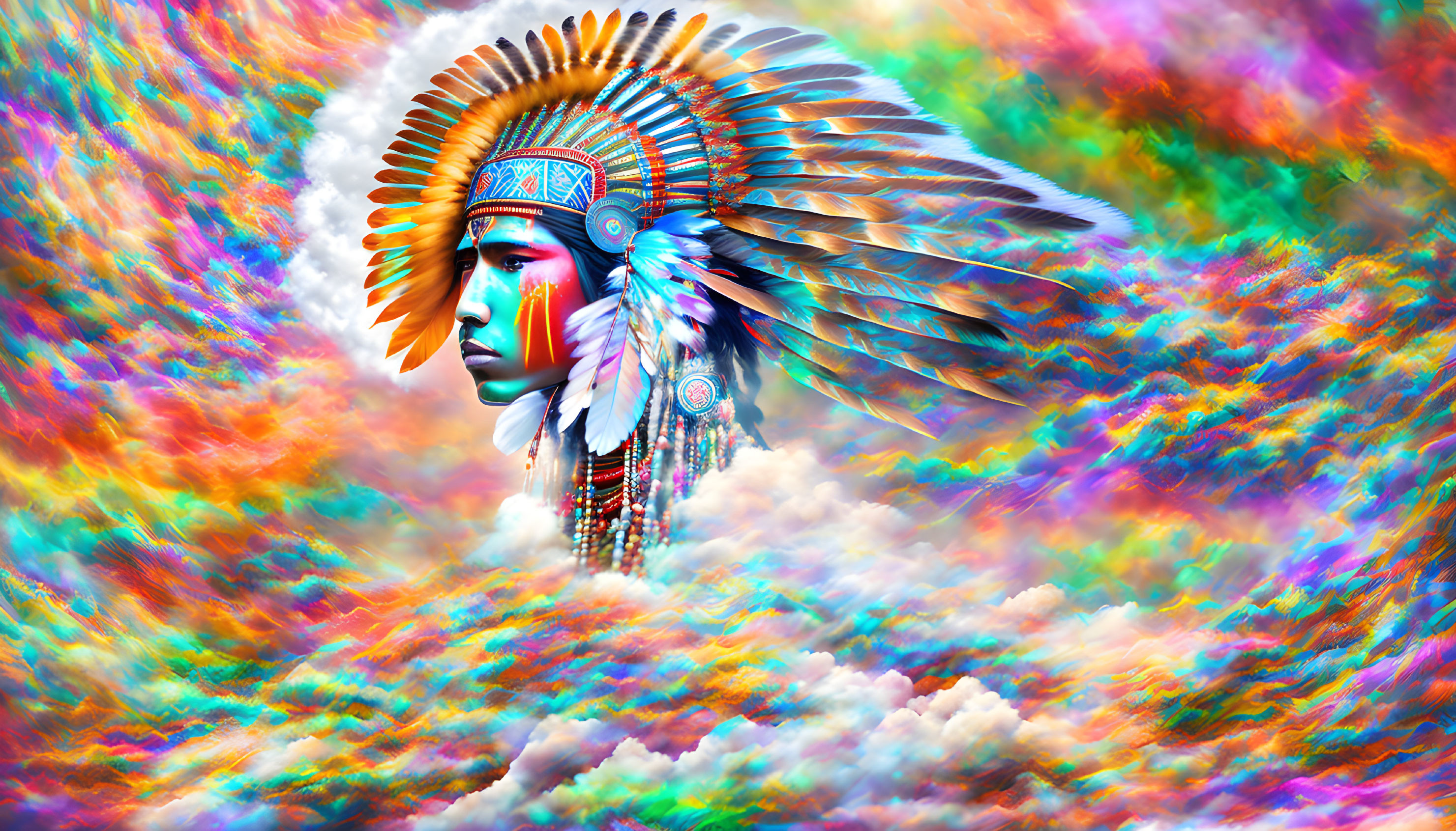 Colorful Psychedelic Background with Person in Feathered Headdress