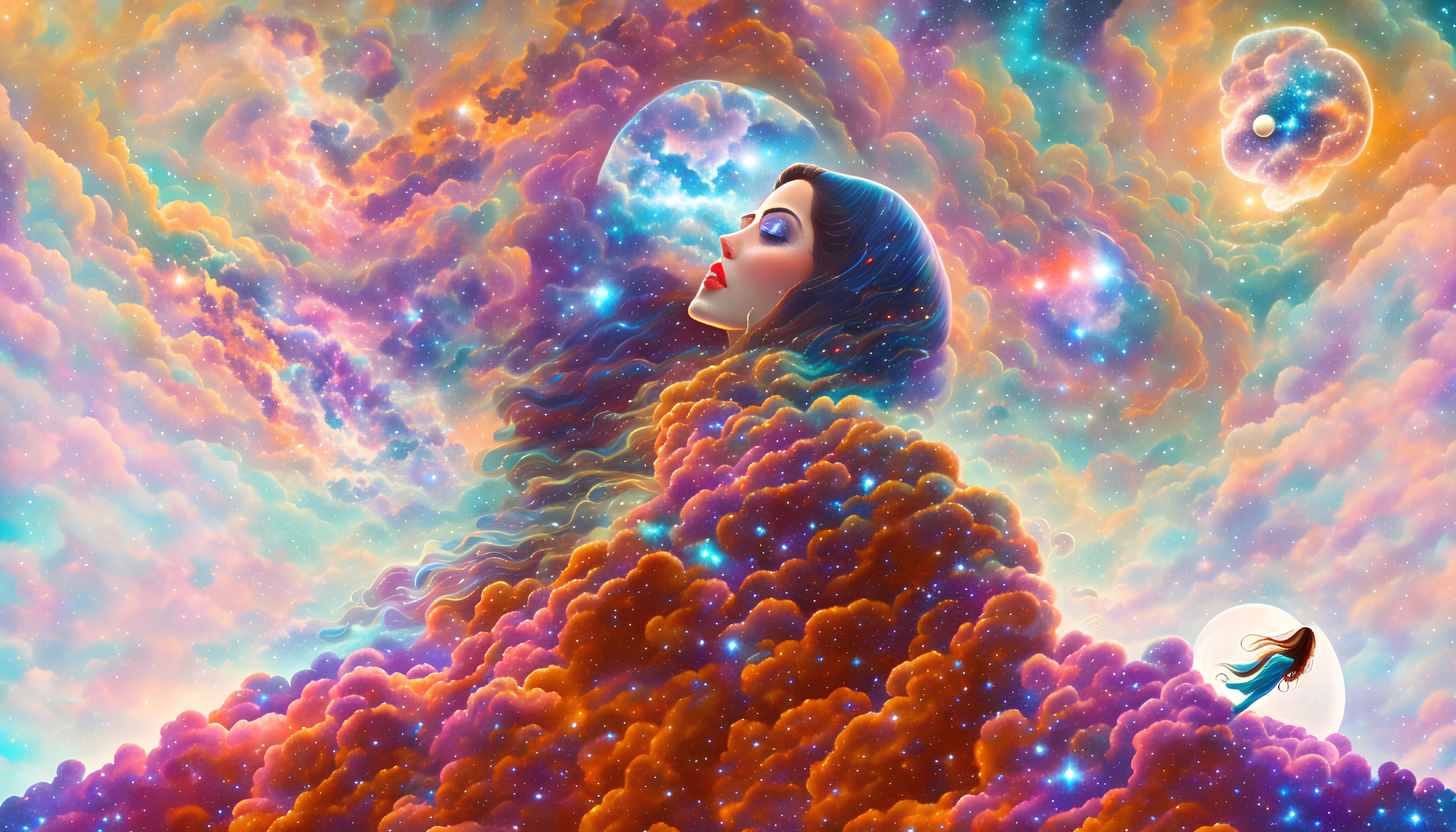 Woman's face merges with cosmic clouds amidst celestial bodies and a surfer.