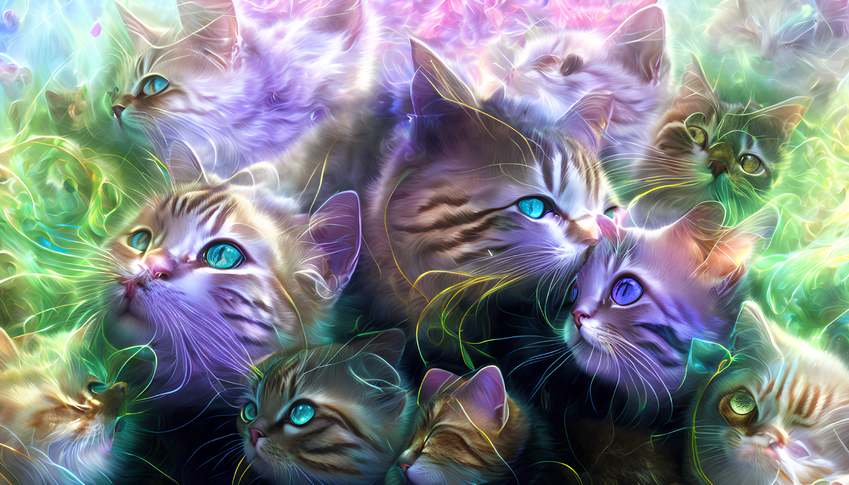 Colorful Digital Art: Multiple Cats with Glowing Fur and Blue Eyes