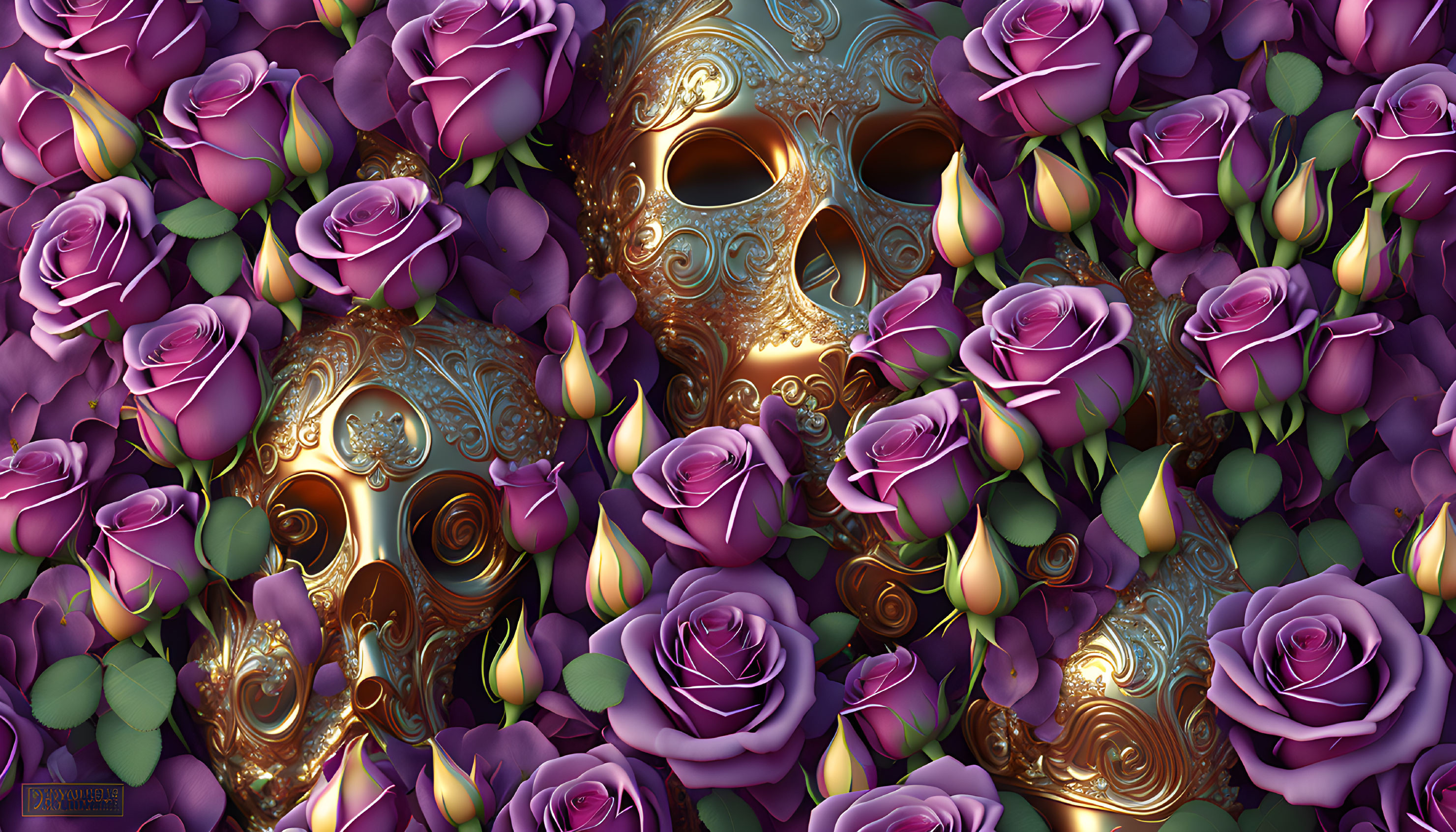 Ornate Golden Masks with Purple Roses and Green Leaves