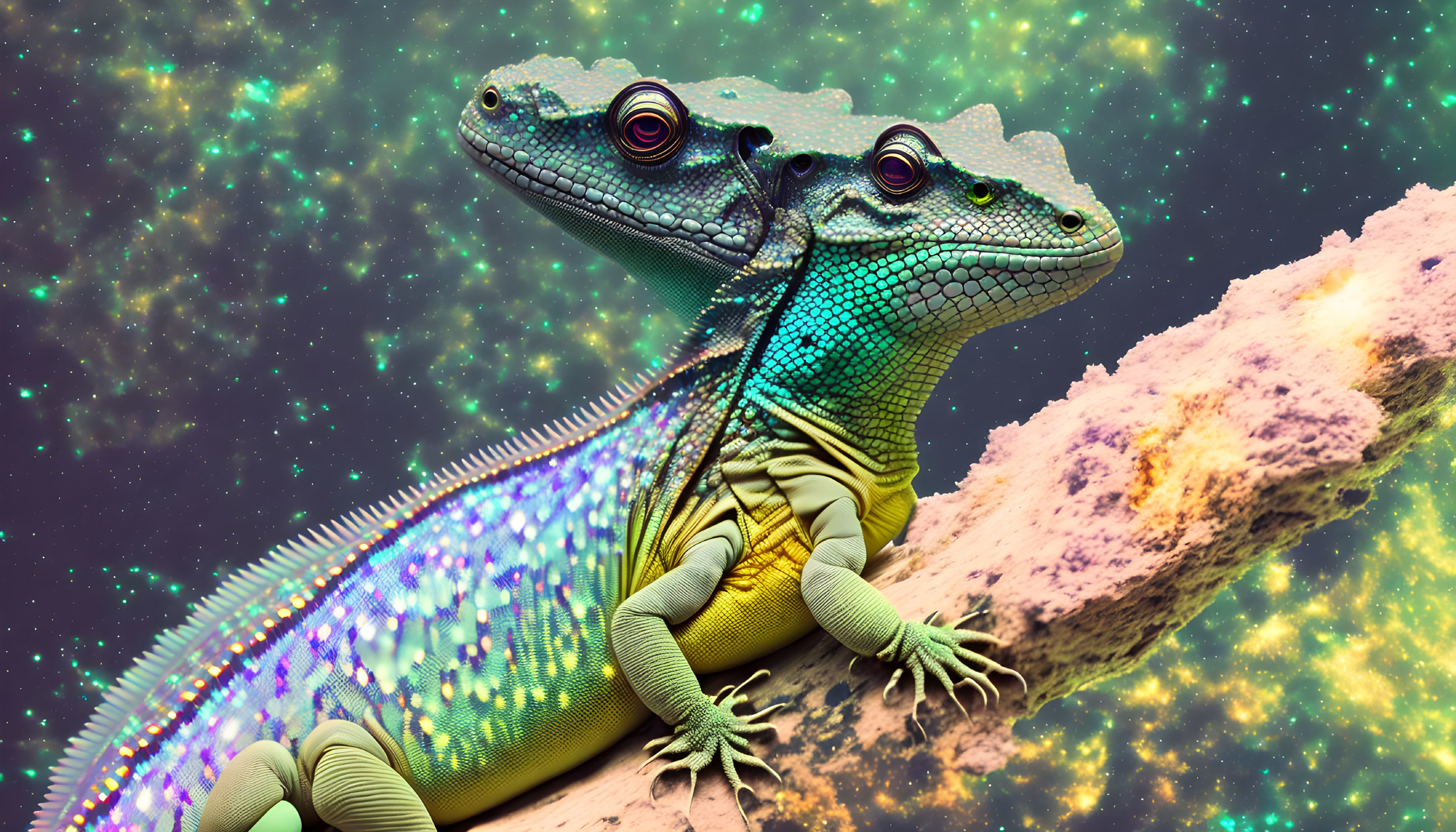 Surreal two-headed lizard with iridescent scales on rock under cosmic sky