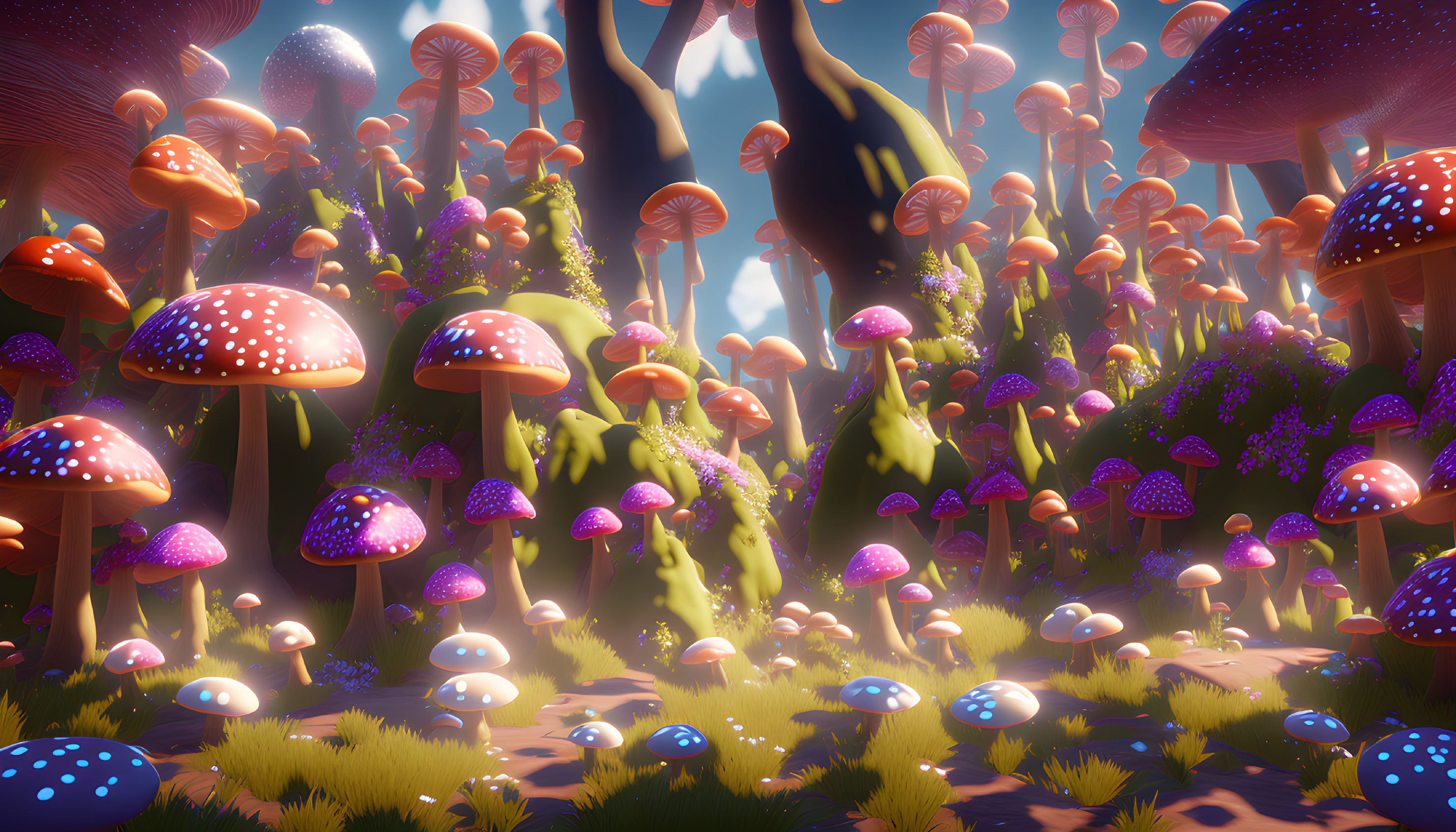 Colorful Oversized Mushrooms in Vibrant Fantasy Forest