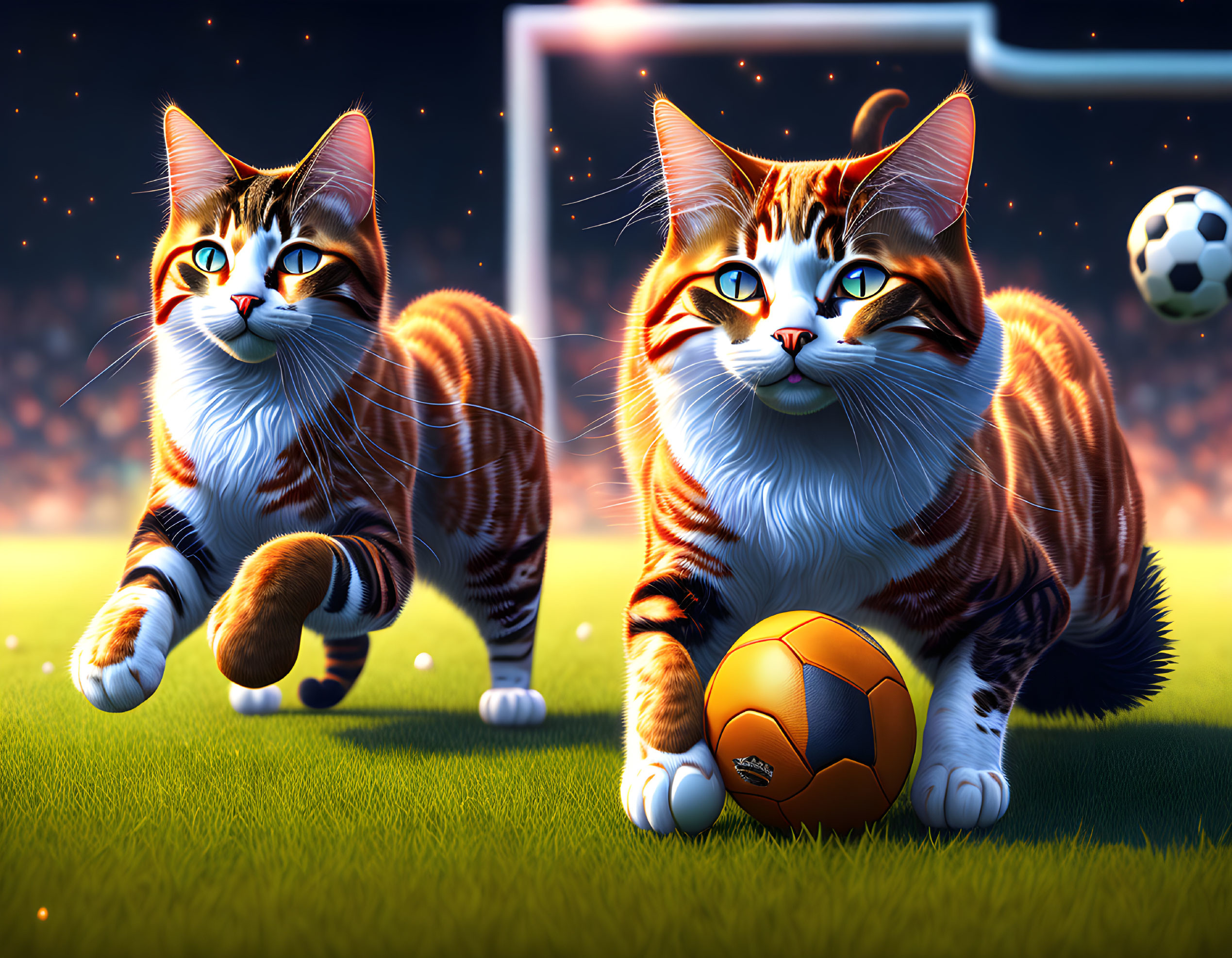 Animated orange tabby cats playing soccer under stadium lights at night.