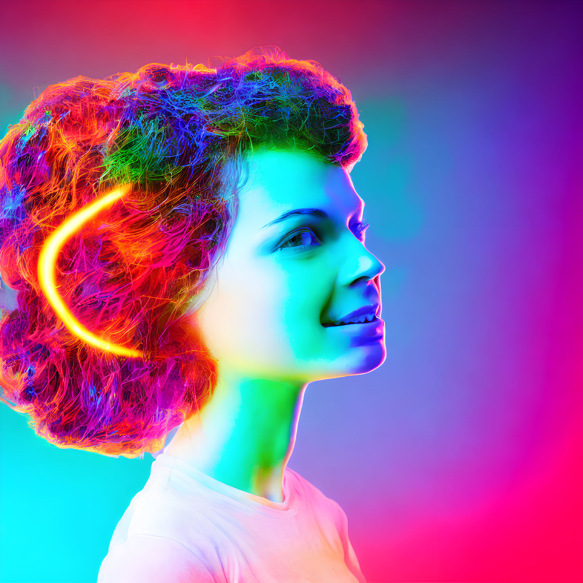 Vibrant neon-lit profile portrait of smiling woman