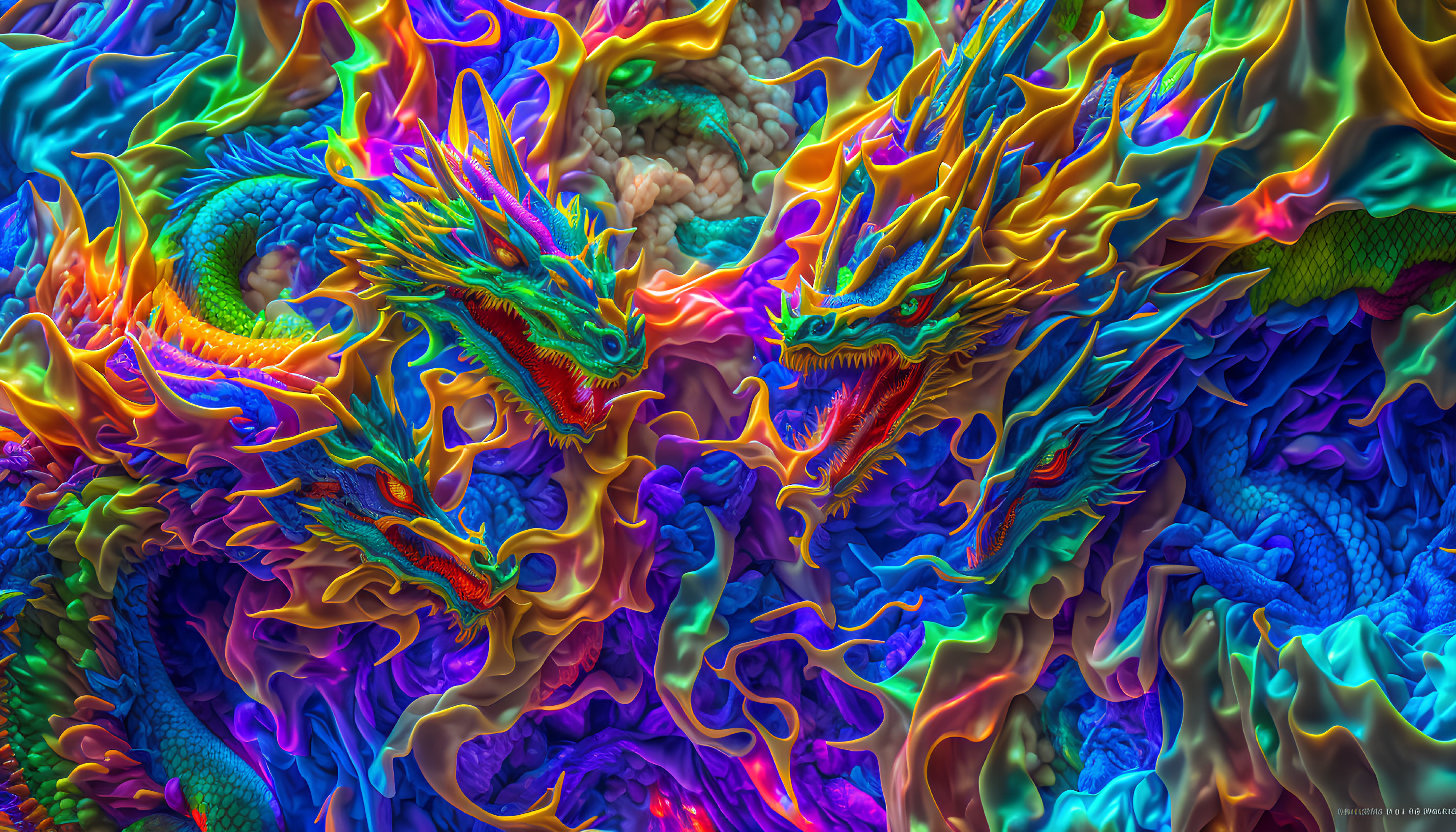 Colorful Stylized Dragons Art Against Abstract Background