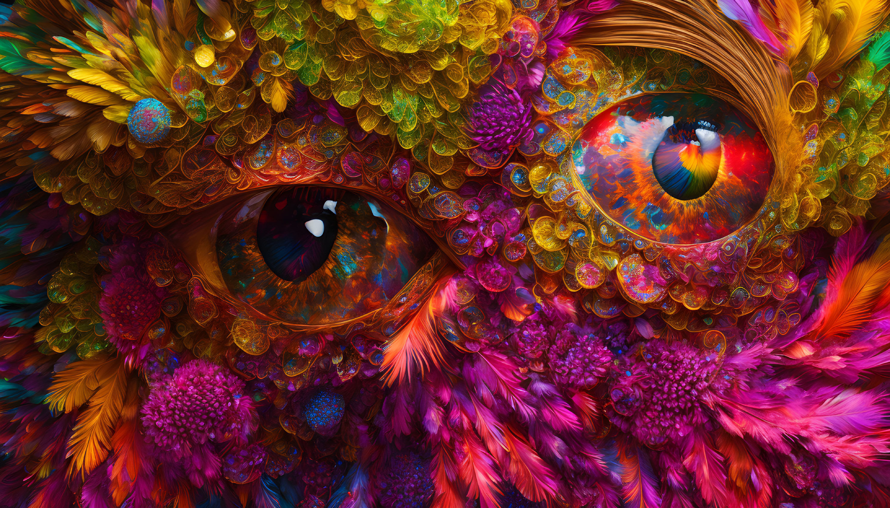 Detailed Eye Art Surrounded by Colorful Feathers and Floral Patterns