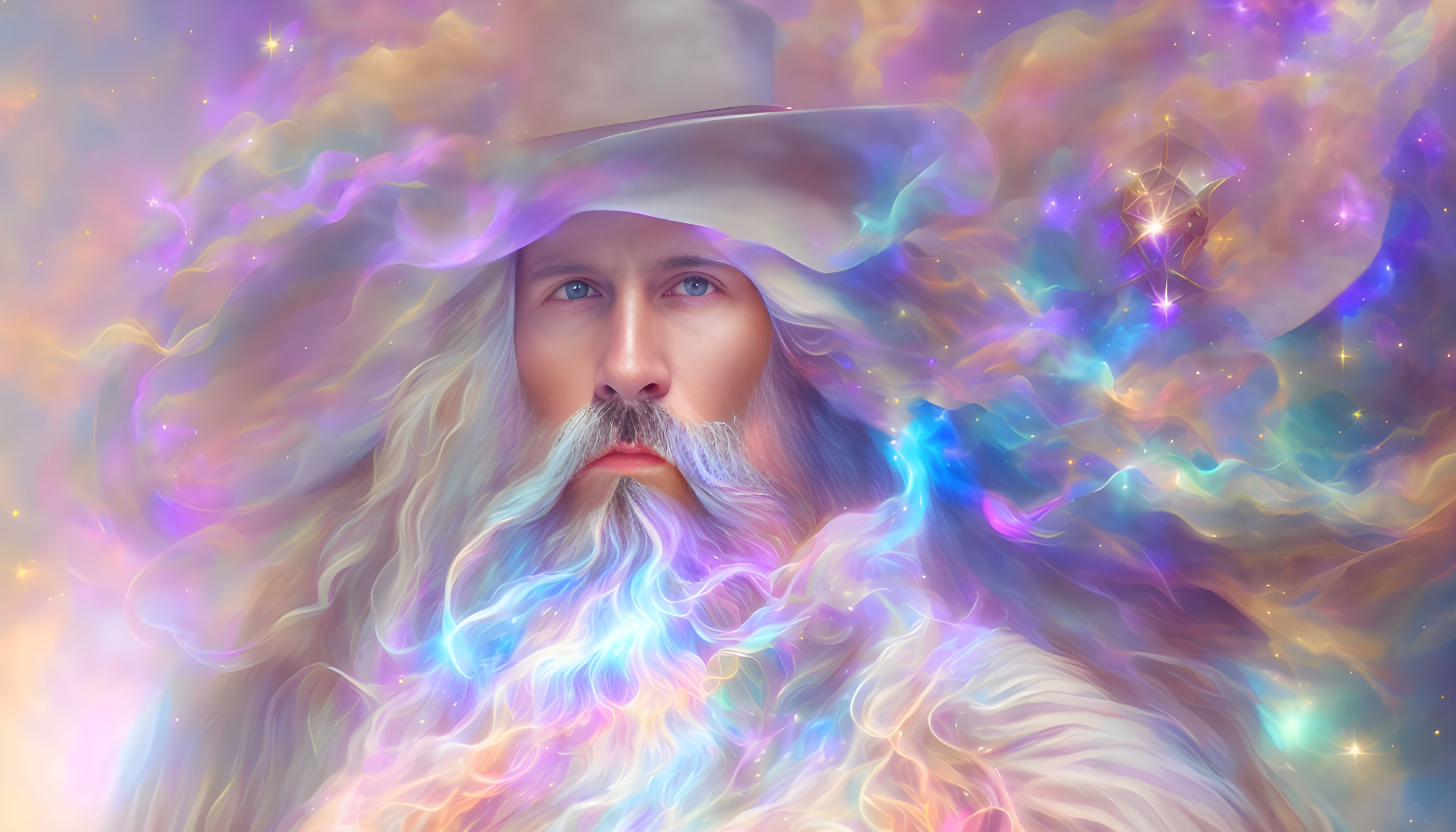 Bearded figure in white hat amid cosmic background