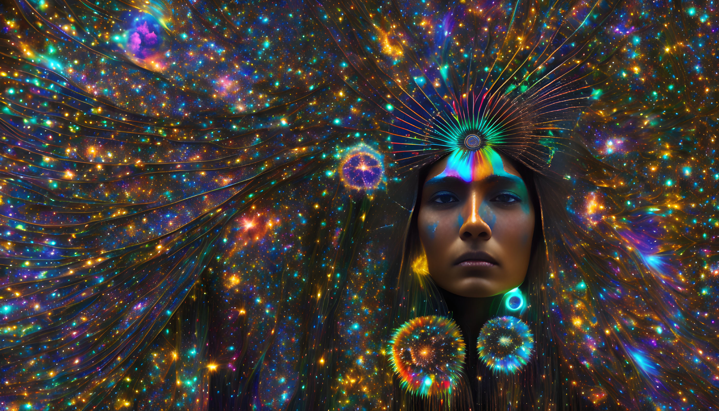 Surreal digital artwork: Woman's face with cosmic features and star-filled hair strands on vibrant space