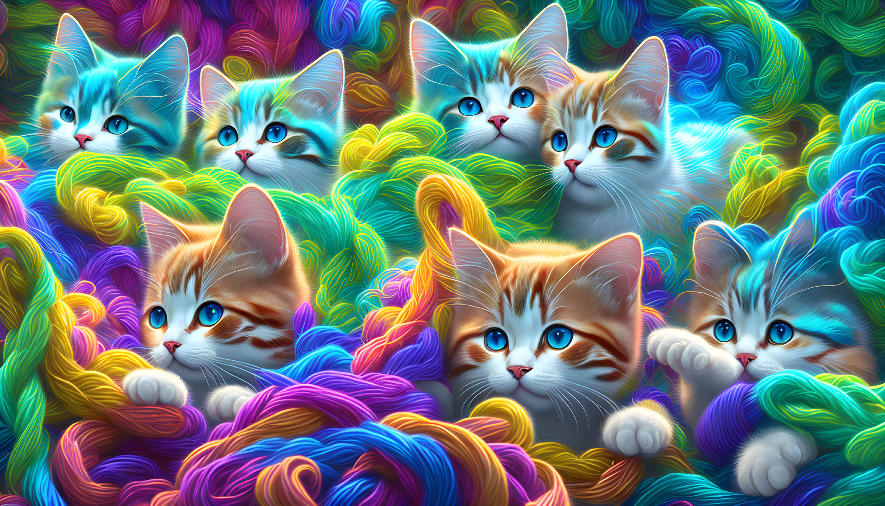 Vibrant illustration of kittens with blue eyes in rainbow threads