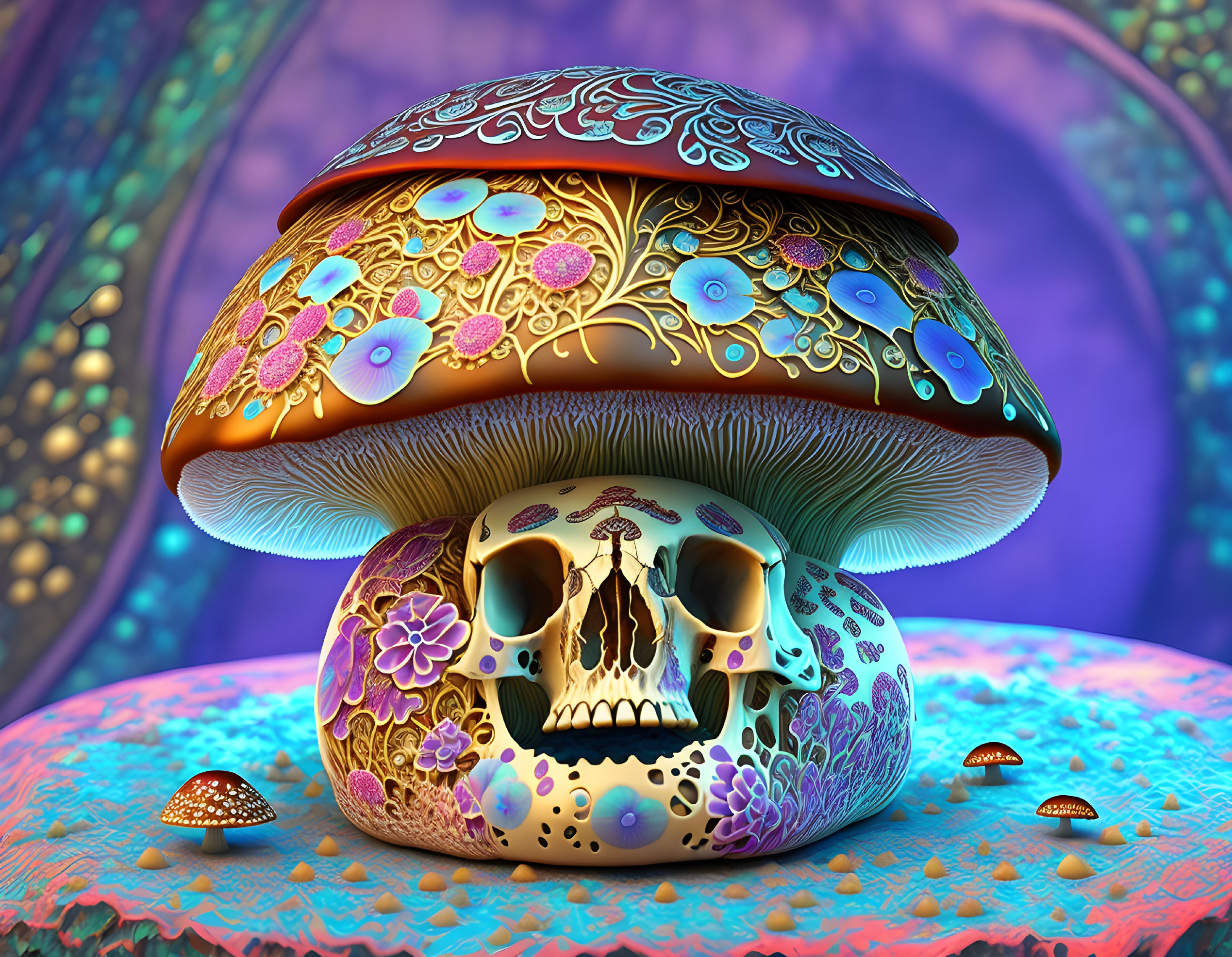 Colorful digital artwork: Skull with floral patterns and mushroom on psychedelic background