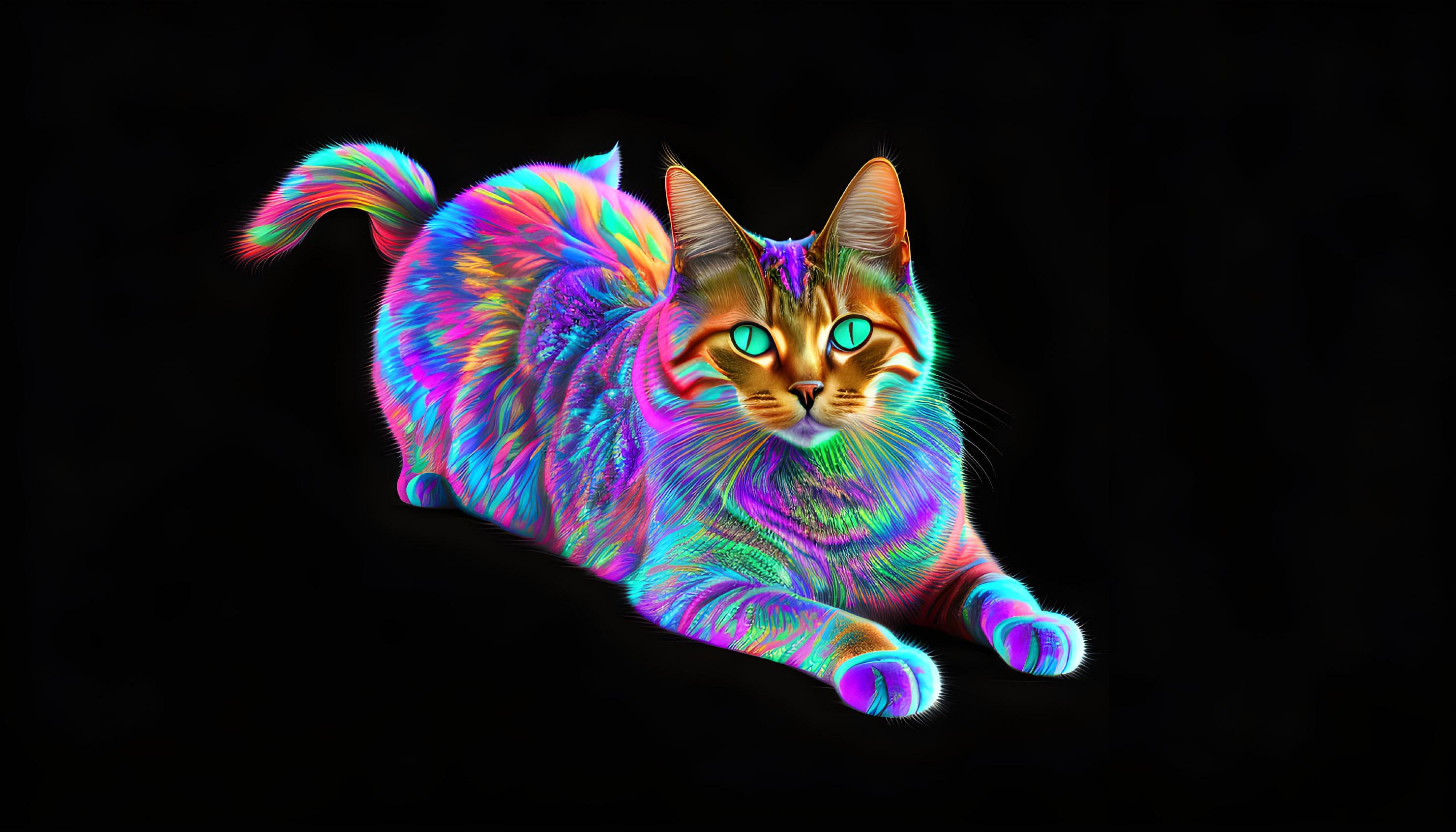 Neon-colored digital art of a glowing cat on black background