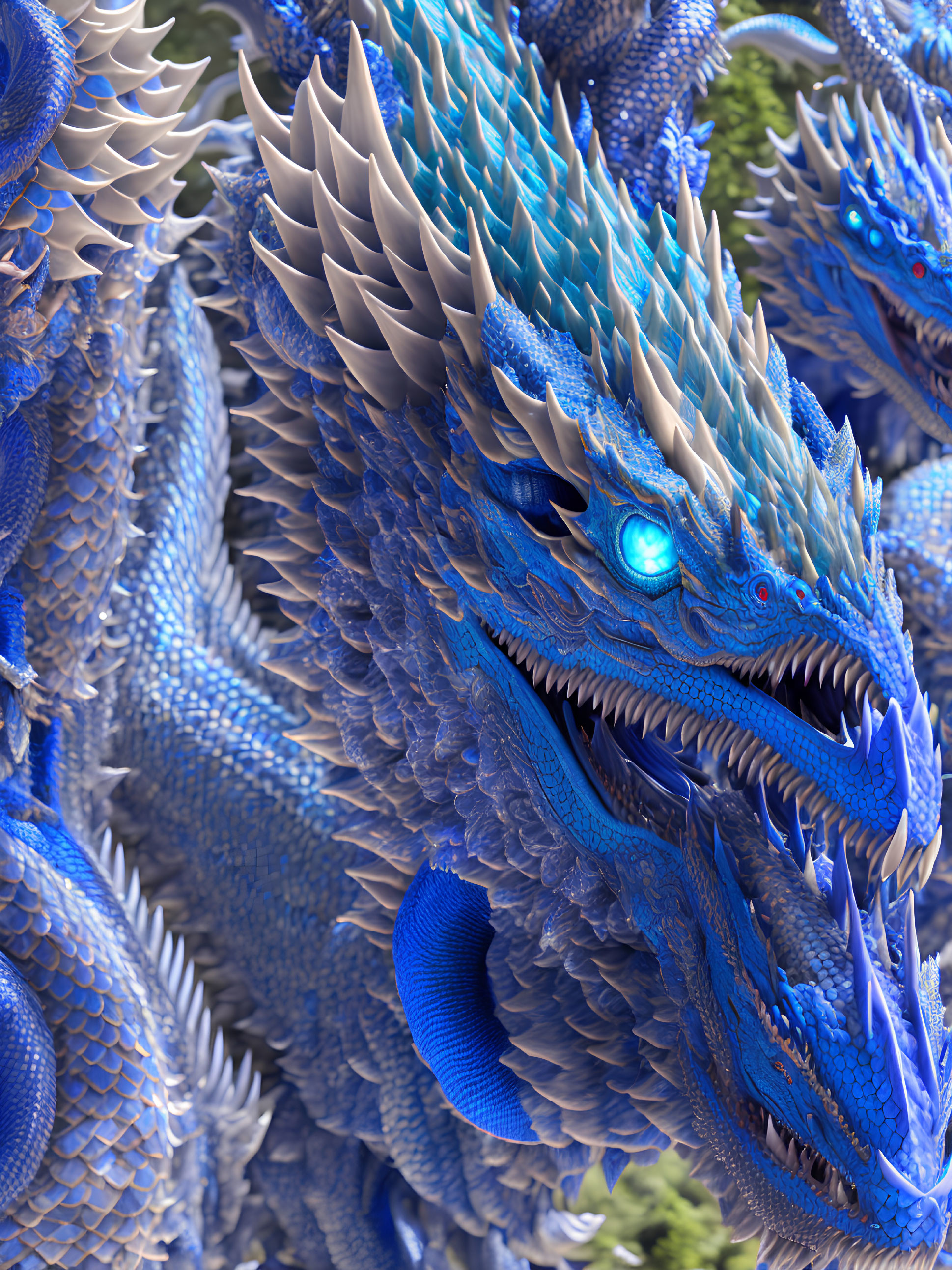 Detailed 3D Render: Blue Dragon with Sharp Scales & Multiple Dragon Heads