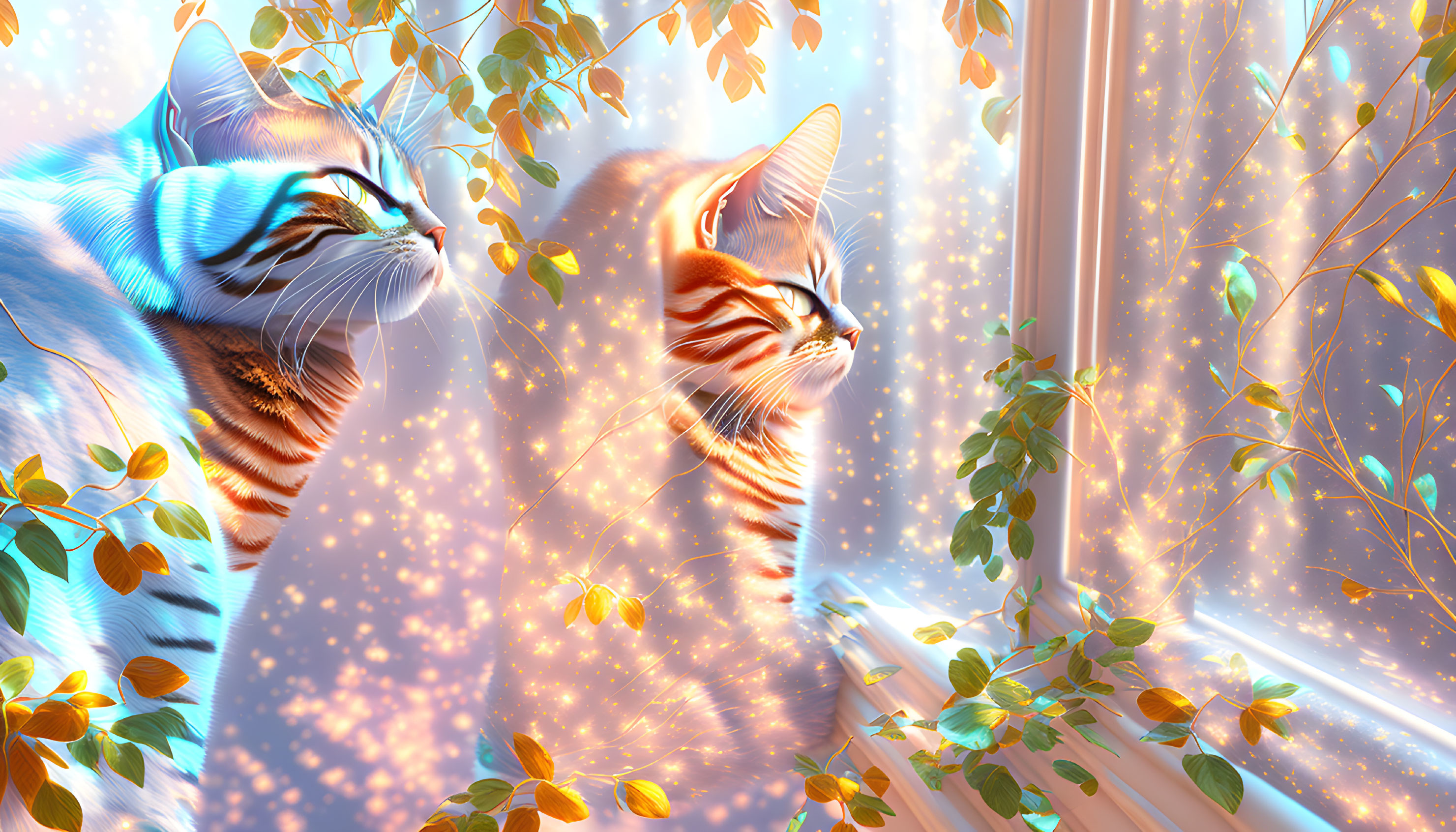 Vibrant digitally rendered cats in magical setting with golden leaves