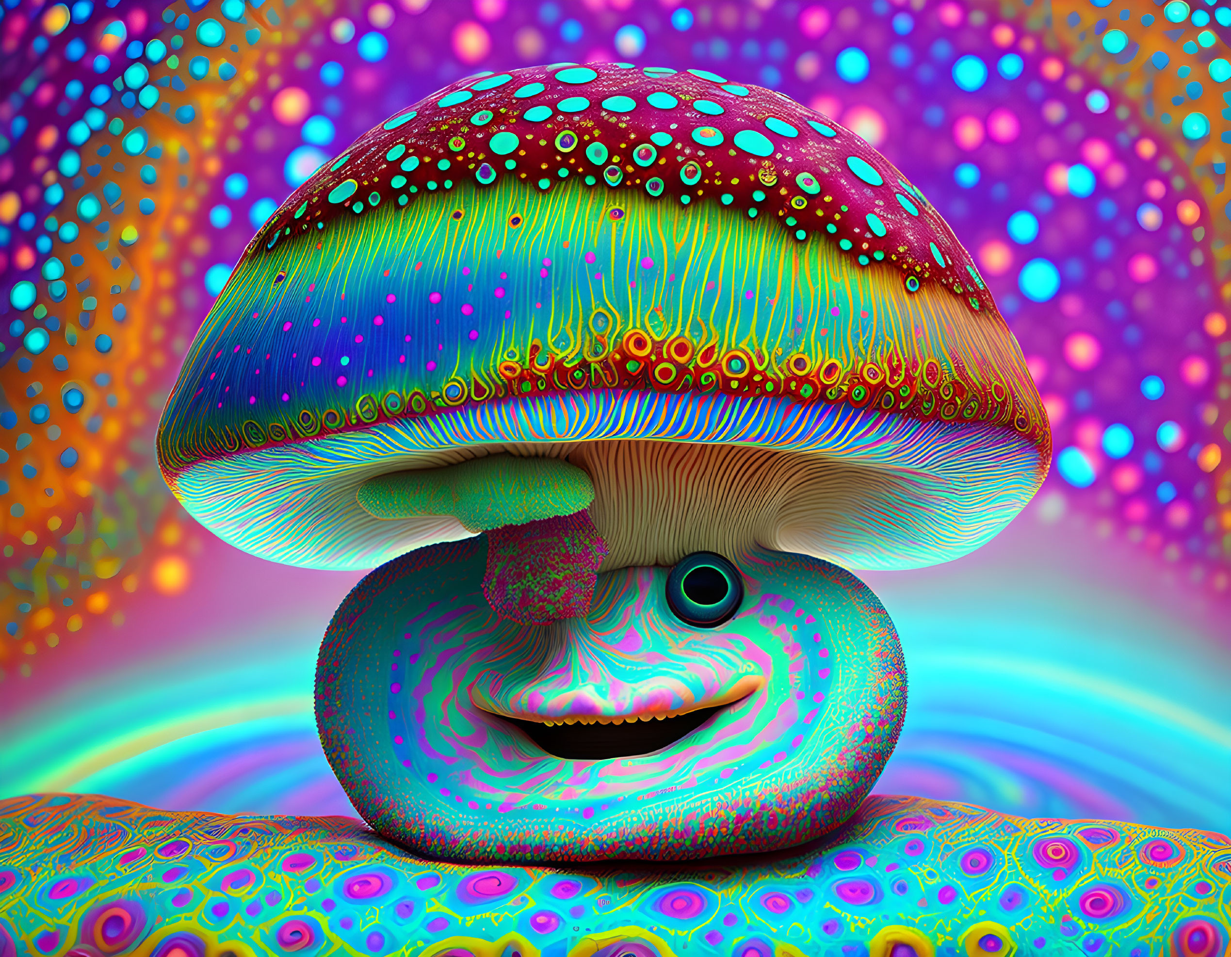 Colorful Smiling Mushroom on Rainbow Background