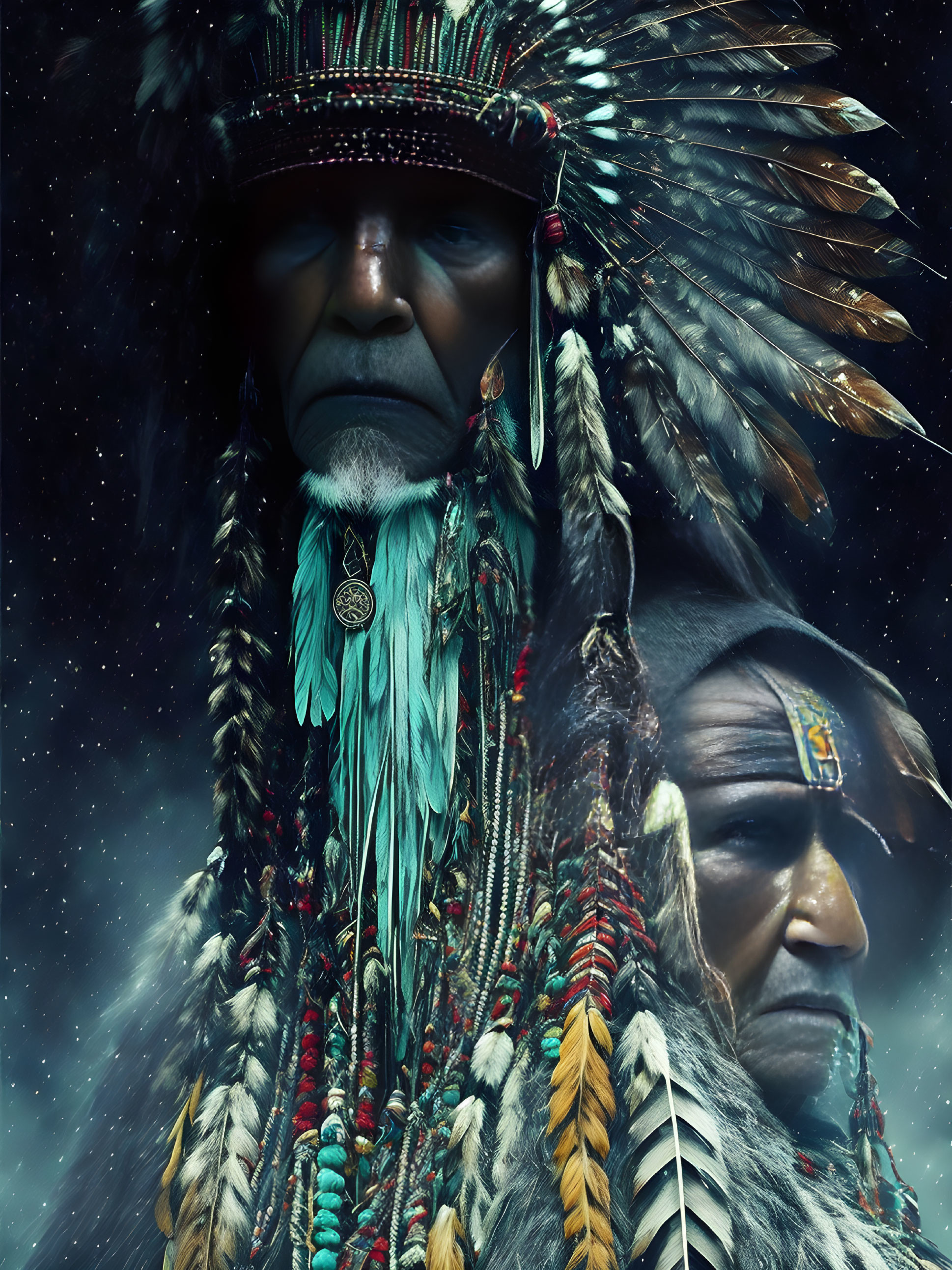 Native American Headdress Portraits Against Starry Sky