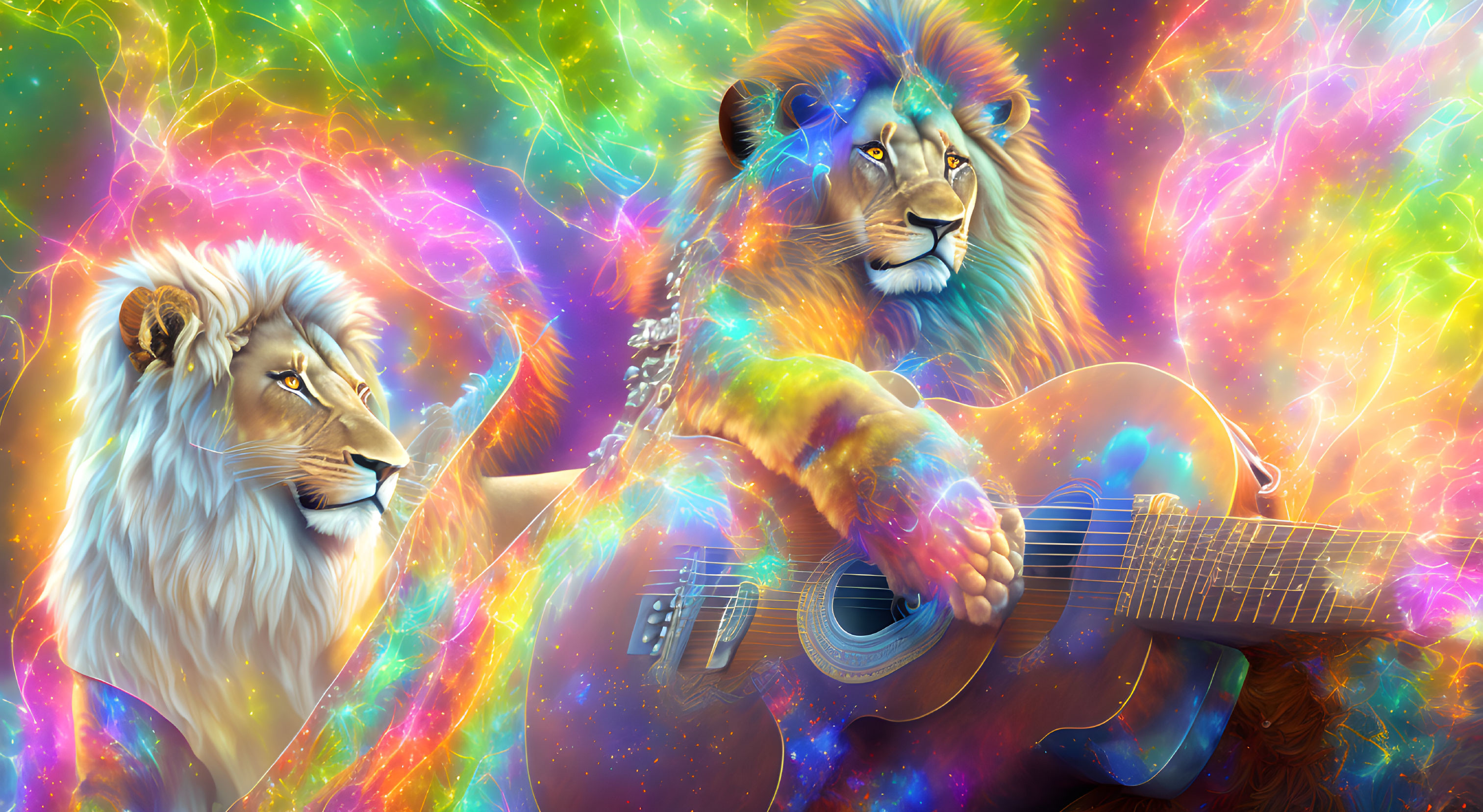 Two lions with cosmic backdrop and vibrant swirling colors, one playing guitar