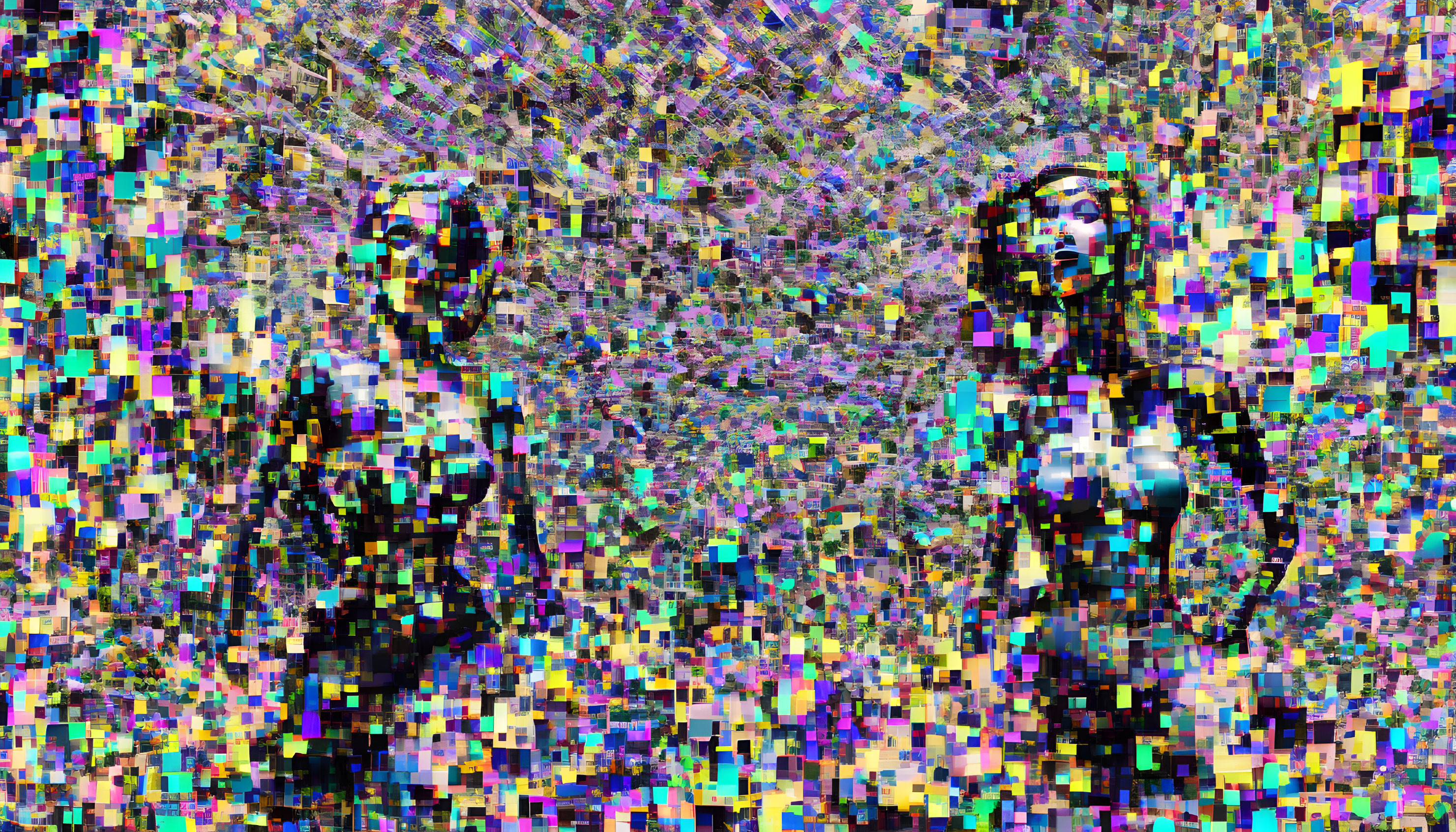 Abstract Glitch Art Humanoid Figures in Blue, Pink, and Purple